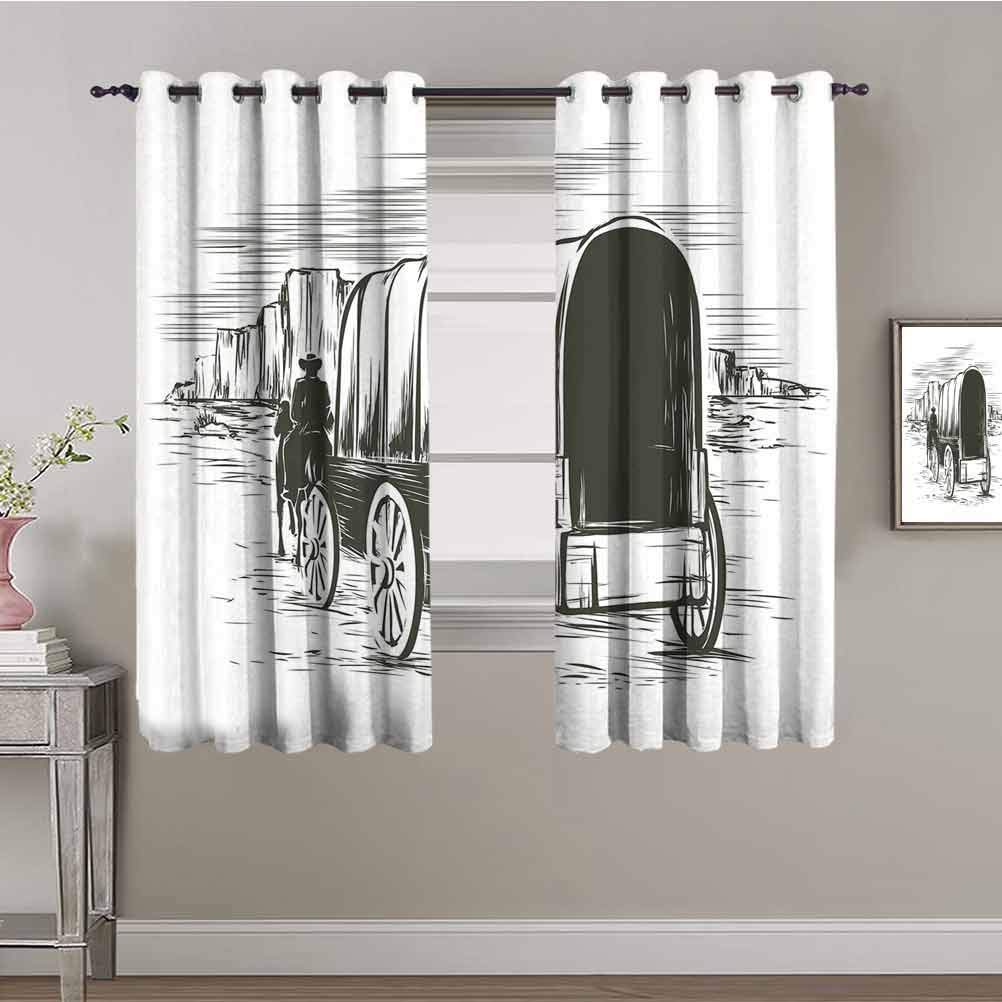 Western Style Soundproof Blackout Curtains for Bedroom - Old West Wagon & Prairie Pioneer Design - 52x63 Inch - Perfect for Western Themed Rooms, Home Theater & Noise Reduction