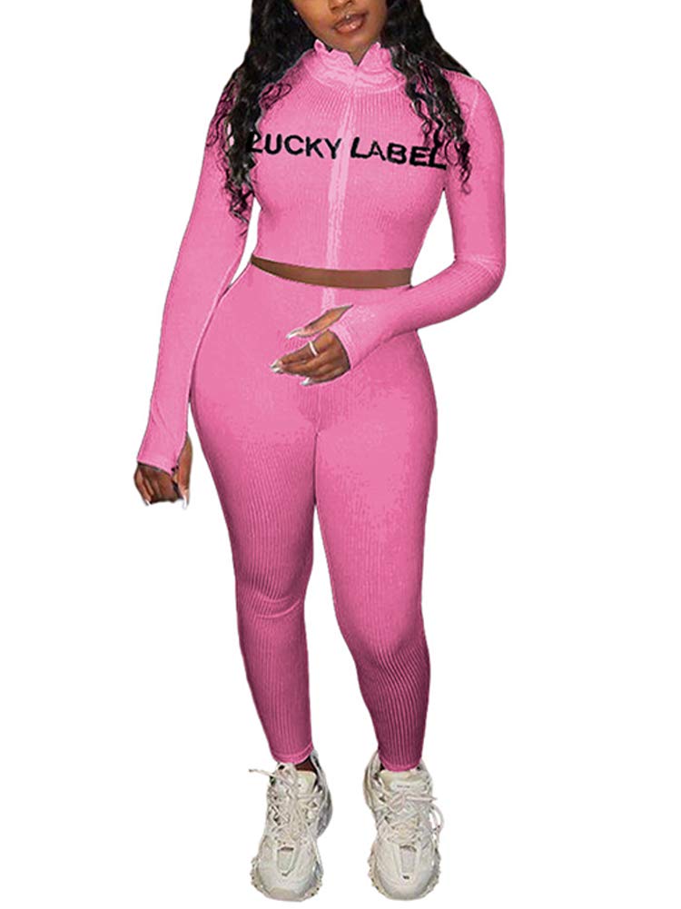 ALLUMK Women's Knit 2-Piece Outfit - High Neck Zipper Crop Top & Bodycon Pants Set | Casual Tracksuit for Streetwear, Gym & Lounge Wear