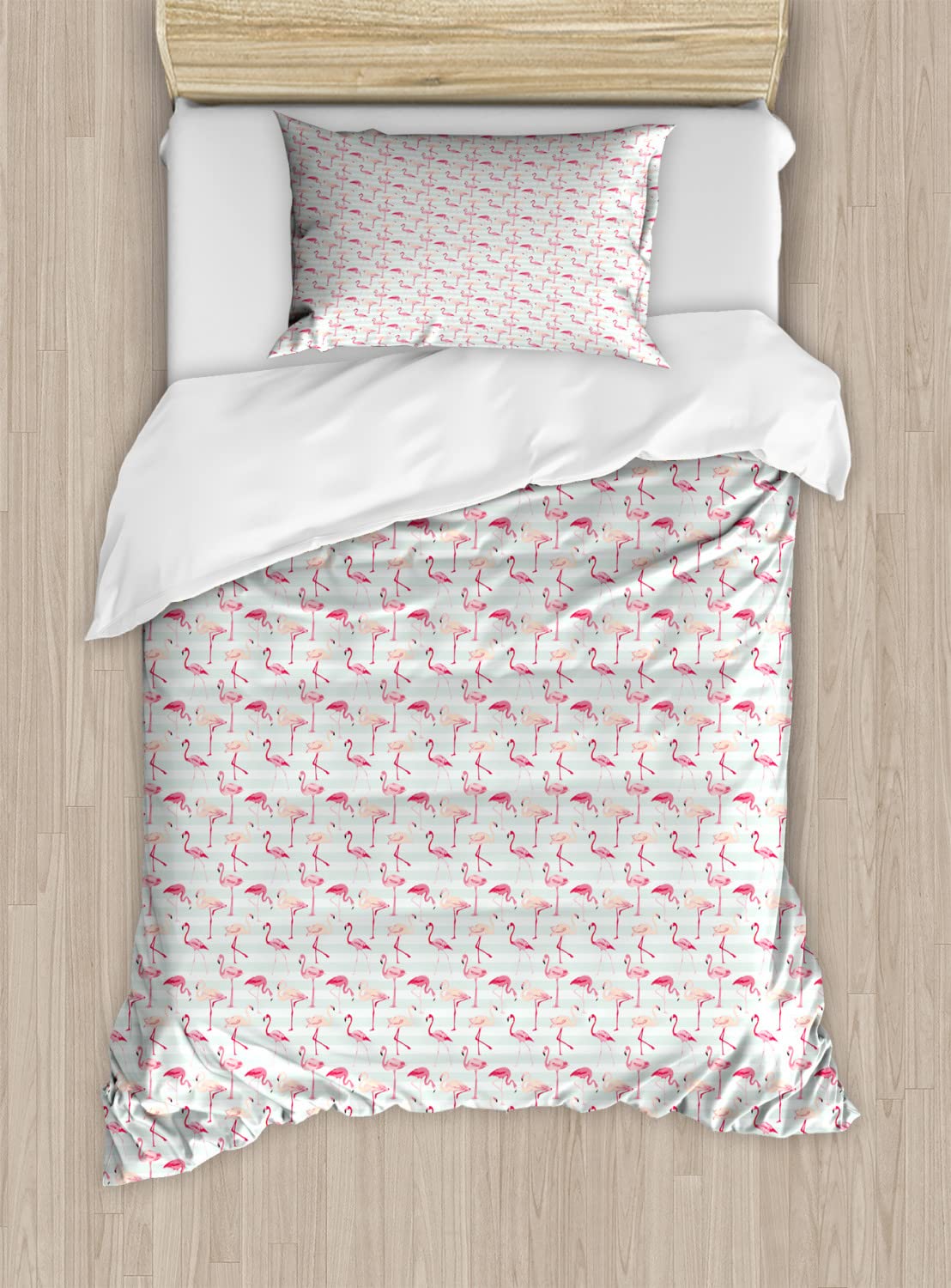 Ambesonne Flamingo Duvet Cover Set - Queen Size 2-Pack with 2 Duvet Covers & 4 Pillowcases | Pastel Striped Tropical Bird Design in Mint Green, Coral & Peach | Perfect for Beach House, Boho Bedroom or Tropical Themed Decor