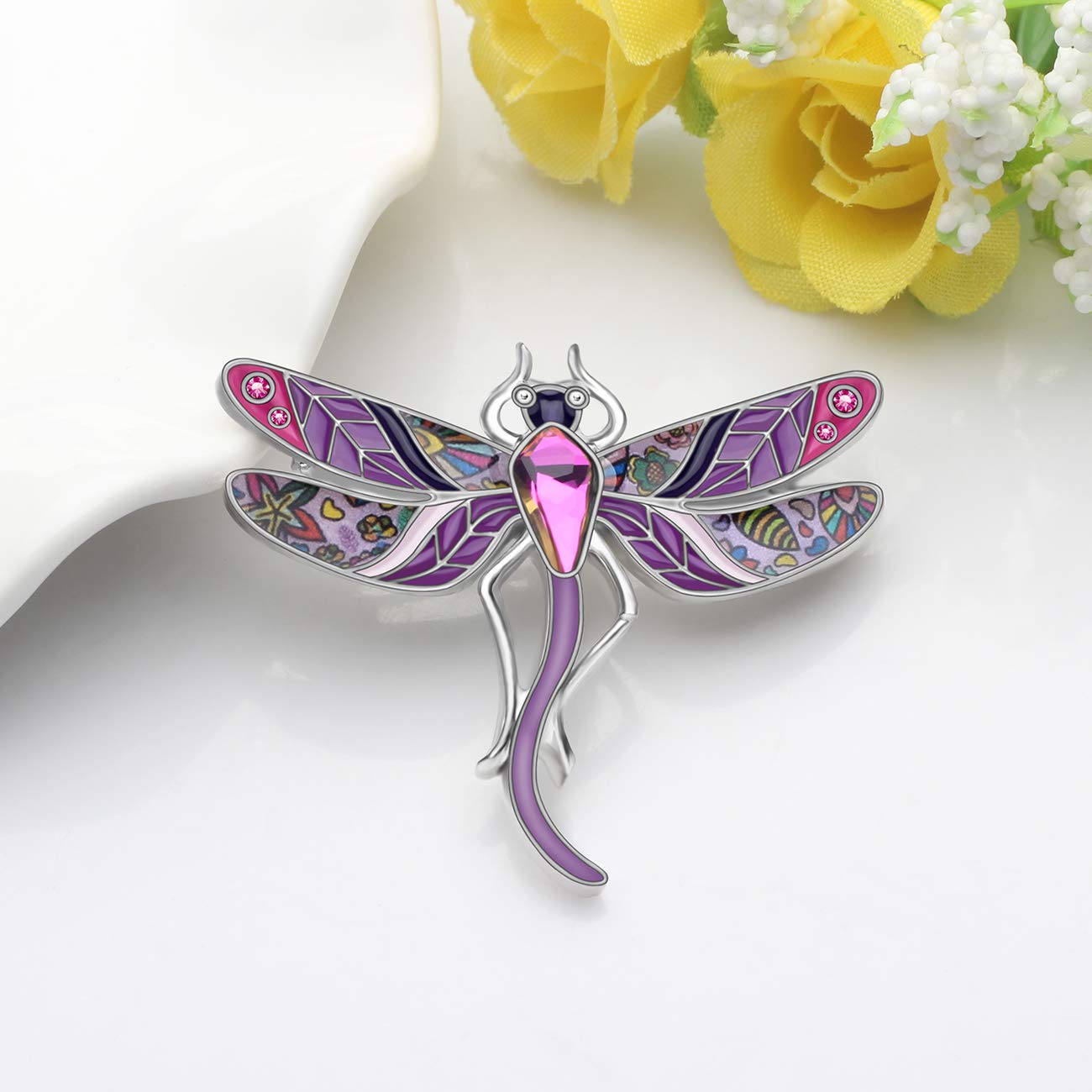 DOWAY Enamel Alloy Crystal Rhinestone Dragonfly Brooch Pin - Elegant Purple Lapel Pin for Women, Girls & Kids - Perfect for Spring Summer Fashion, Scarf & Clothing Decoration - Great Gift Idea for Birthdays & Special Occasions