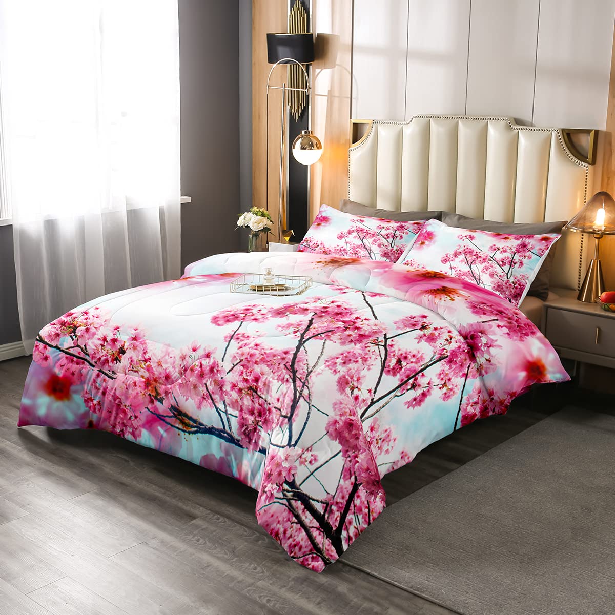 Erosebridal Cherry Blossom Comforter Set Twin Size - Japanese Floral Duvet Cover with Pink Flower Pattern for Kids, Girls, Teens & Adults | Perfect for Bedroom Decor, Romantic Style & Spring Themed Home Decor