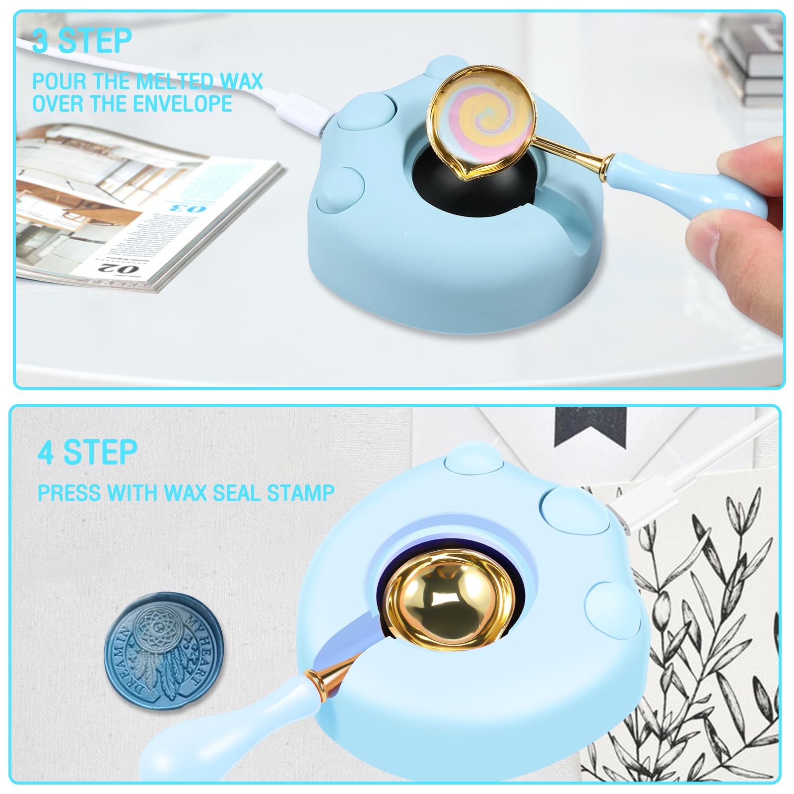 USB Powered Wax Seal Warmer - Fast Heating Wax Stamp Melter with Spoon for Sealing Letters, Invitations & DIY Crafts - Compact & Easy to Use Wax Seal Tool for Wedding, Scrapbooking & Gift Wrapping