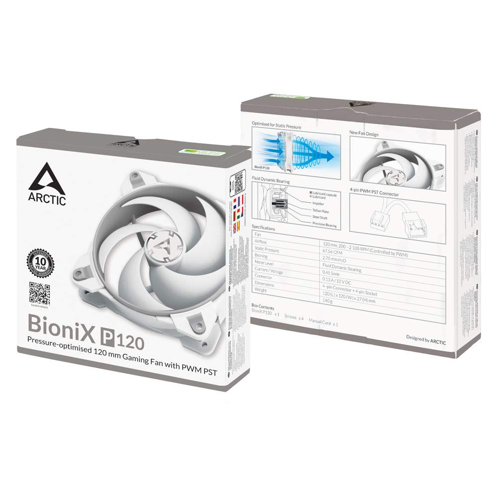 ARCTIC BioniX P120 - 120mm PWM PC Case Fan with PST (PWM Sharing Technology) - High Air Pressure, Ultra Quiet Motor (200-2100 RPM) - Grey/White - Perfect for Gaming PCs, Workstations & PC Cooling Systems