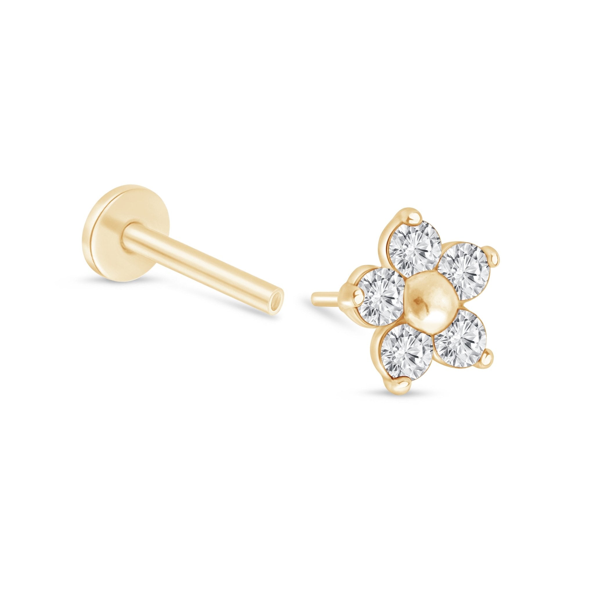 14K Yellow Gold Diamond Flower Flat Back Stud Earrings for Women | Elegant Floral Jewelry for Everyday Wear, Parties & Special Occasions