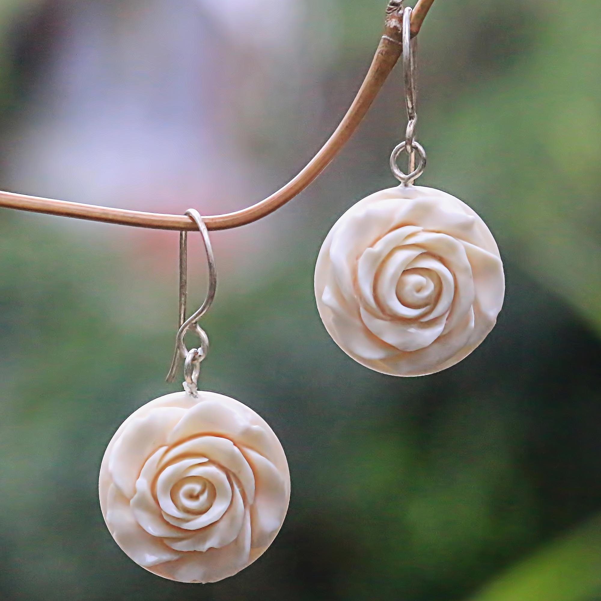 Handmade White Rose Bone Dangle Earrings - Stainless Steel Floral Carving, Indonesian Artisan Jewelry (1.5