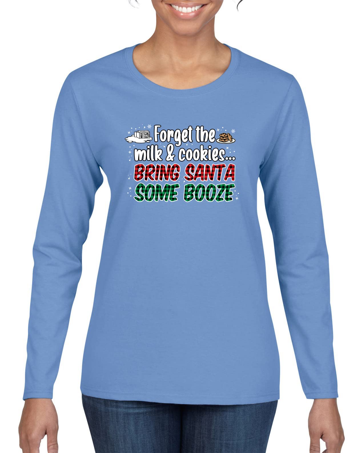 Wild Bobby Santa Booze Christmas Graphic Long Sleeve T-Shirt for Women - Funny Holiday Party Outfit & Ugly Sweater Alternative