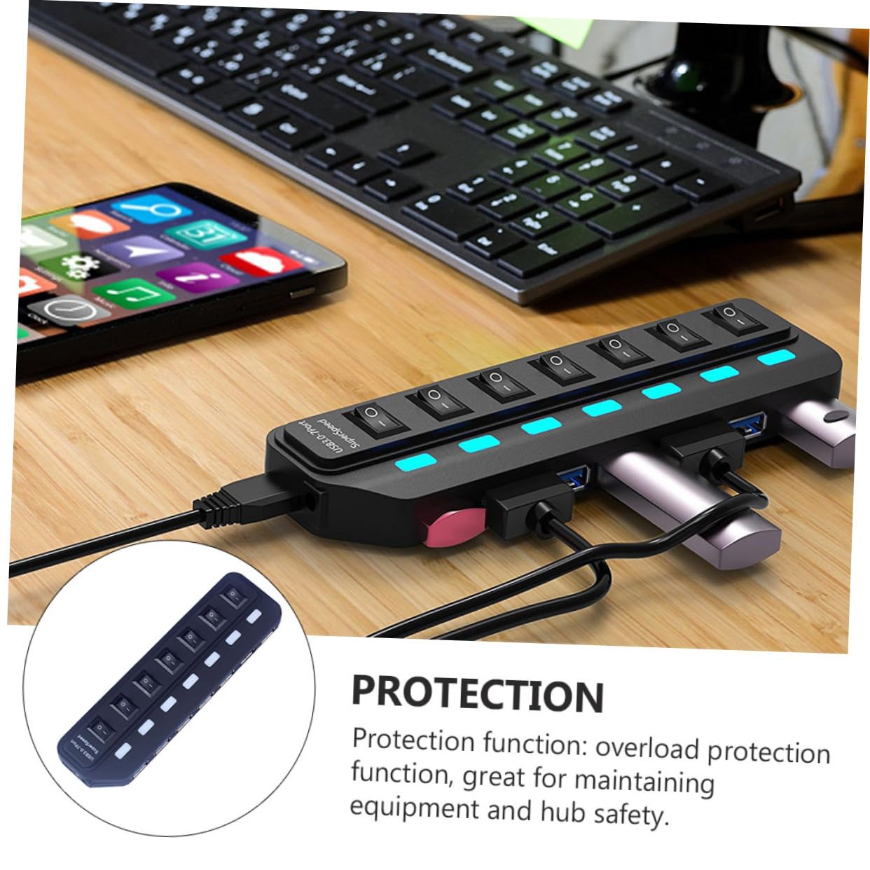 HOMSFOU USB 3.0 Hub 7-Port Docking Station - High-Speed Data Hub for Laptop, Computer, and Tablets - Ideal for Home Office and Multi-Device Setup