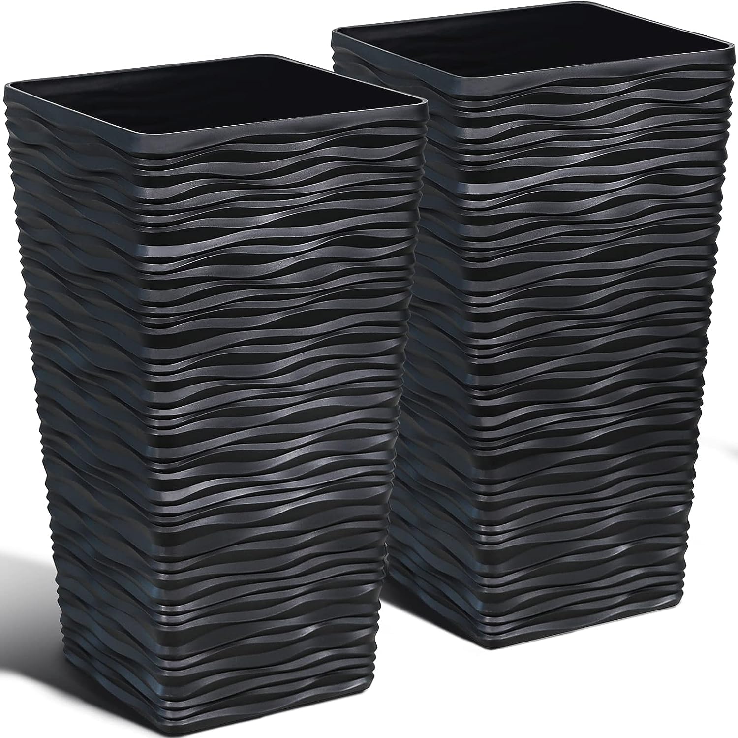 Worth Garden 2-Pack Black Tall Plastic Planter Pots - 22 Inch Square Tapered Indoor Outdoor Flower Pots with Modern Wavy Finish - Perfect for Front Porch, Patio, Deck & Garden Decor