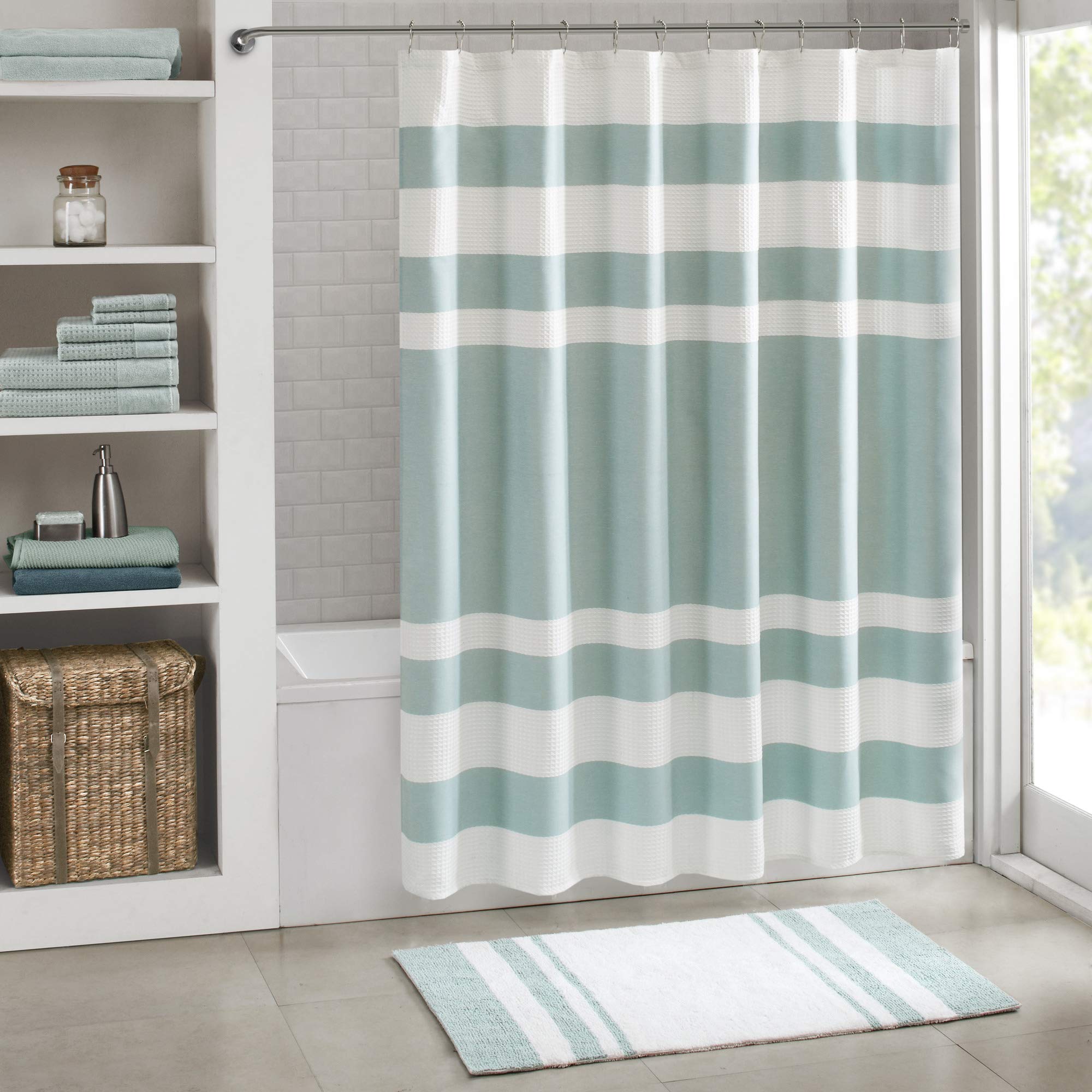 Madison Park Reversible Spa Cotton Bath Rug - 100% Cotton Striped Ultra Soft, Water Absorbent & Fast Drying Bath Mat - Non-Slip Quick Dry Bathroom Rug for Tub, Shower & Bathroom - 27x45 Inches, Aqua Blue - Perfect for Spa-Like Comfort & Luxury Bathroom Decor