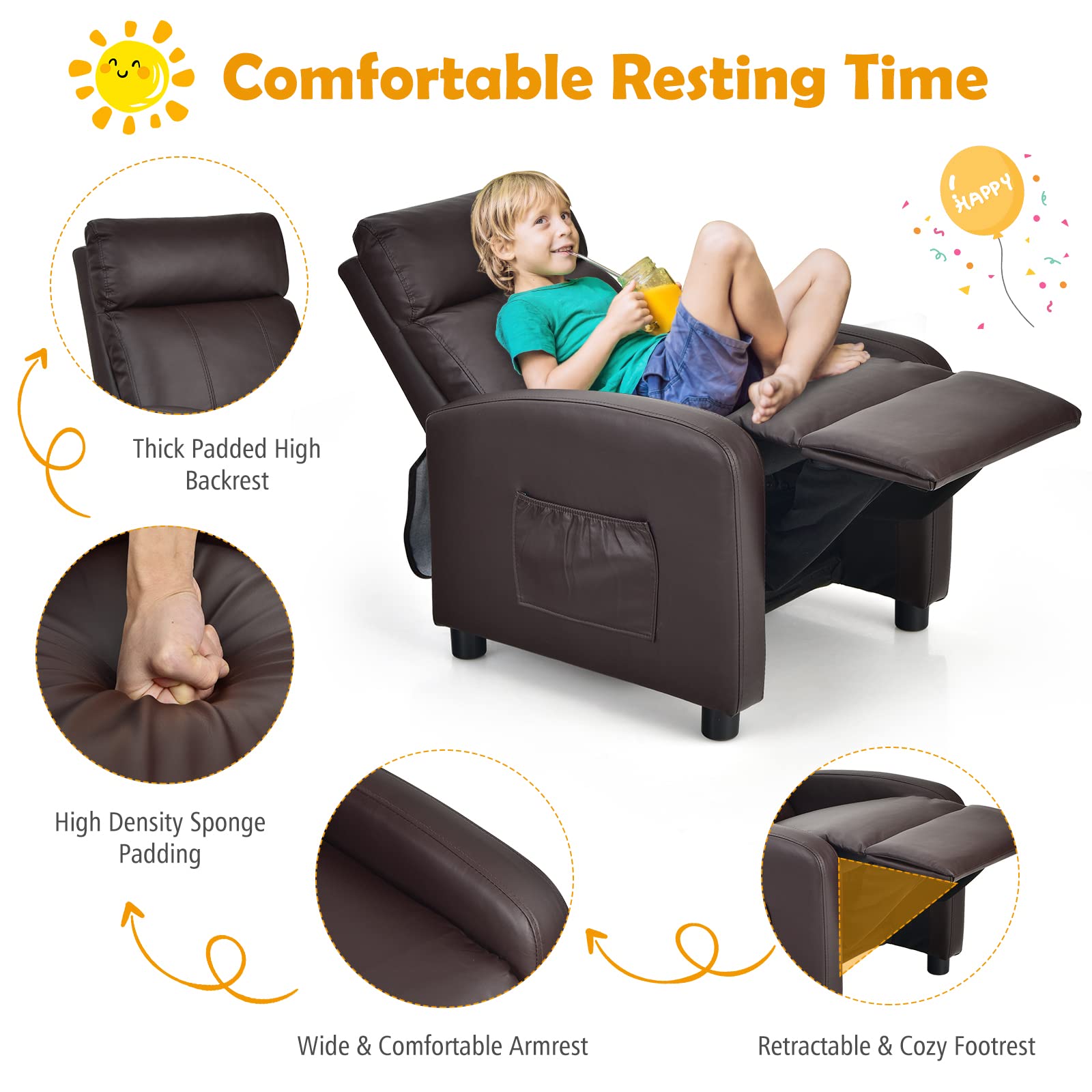 HONEY JOY Kids Recliner Chair - Adjustable PU Leather Lounge Chair with Side Pockets, Footrest & Headrest - Soft Padded Recliner Sofa for Playroom, Bedroom or Living Room - Easy to Clean - Perfect Gift for Boys & Girls (Coffee Brown) - Great for Reading, Watching TV or Relaxing