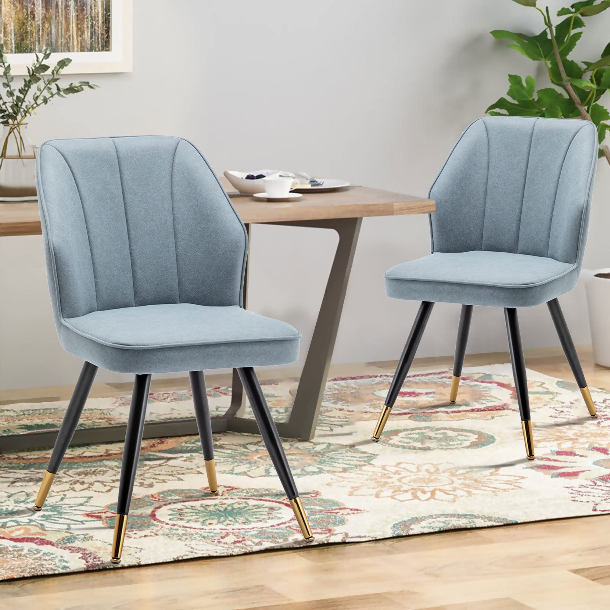 Modern Upholstered Dining Chairs Set of 2 - Armless Kitchen & Dining Room Chairs with Blue Fabric & Sturdy Metal Legs - Perfect for Home, Office, Restaurant & Cafe Seating