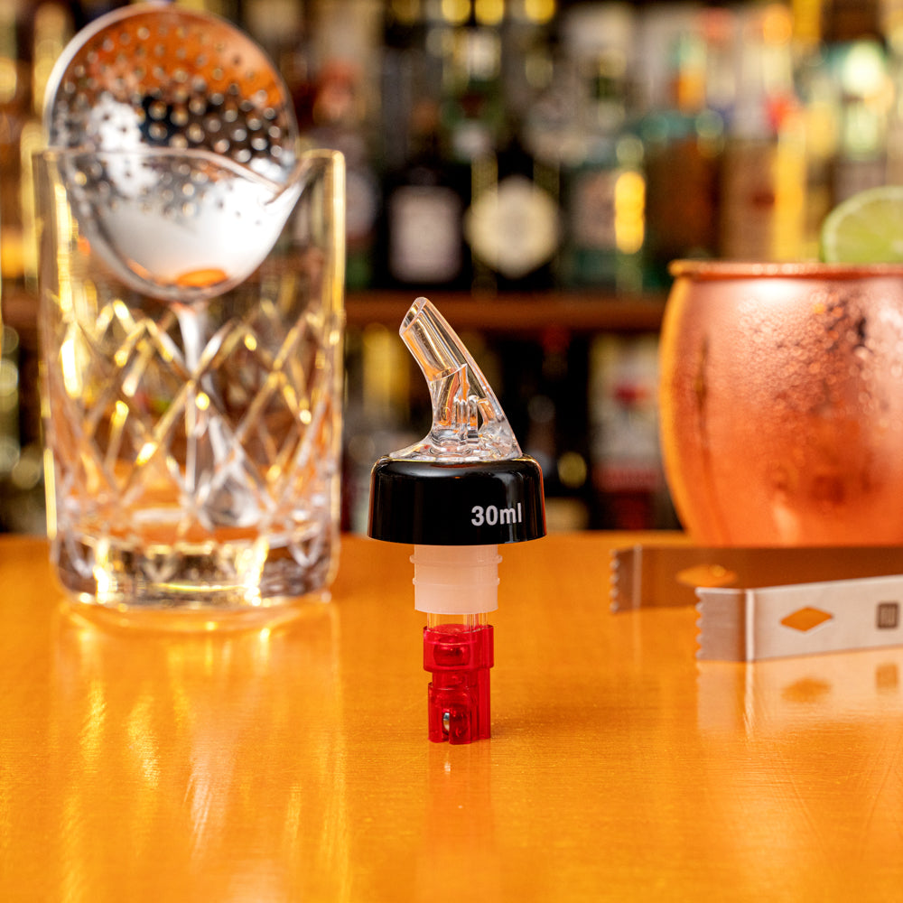 1 oz Red Plastic Measured Liquor Pourer with Collar & Clear Spout - 10 Pack Bar Accessories for Precise Cocktail Mixing & Bartending
