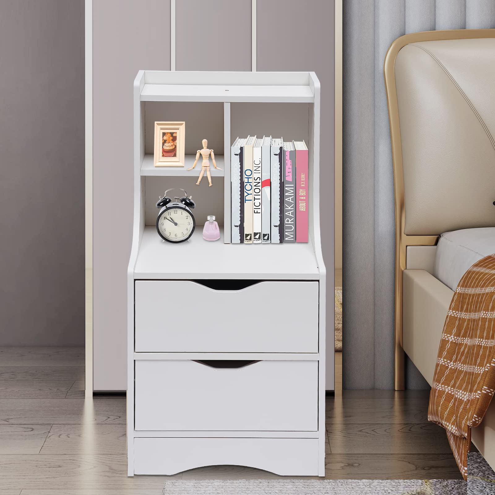 White Nightstand with 2 Drawers & Open Shelf - Solid Wood Bedside Table, Storage Cabinet for Bedroom - Perfect for Holding Lamps, Books & Alarm Clocks - Night Stand, Dresser, Night Table for Modern Home Decor