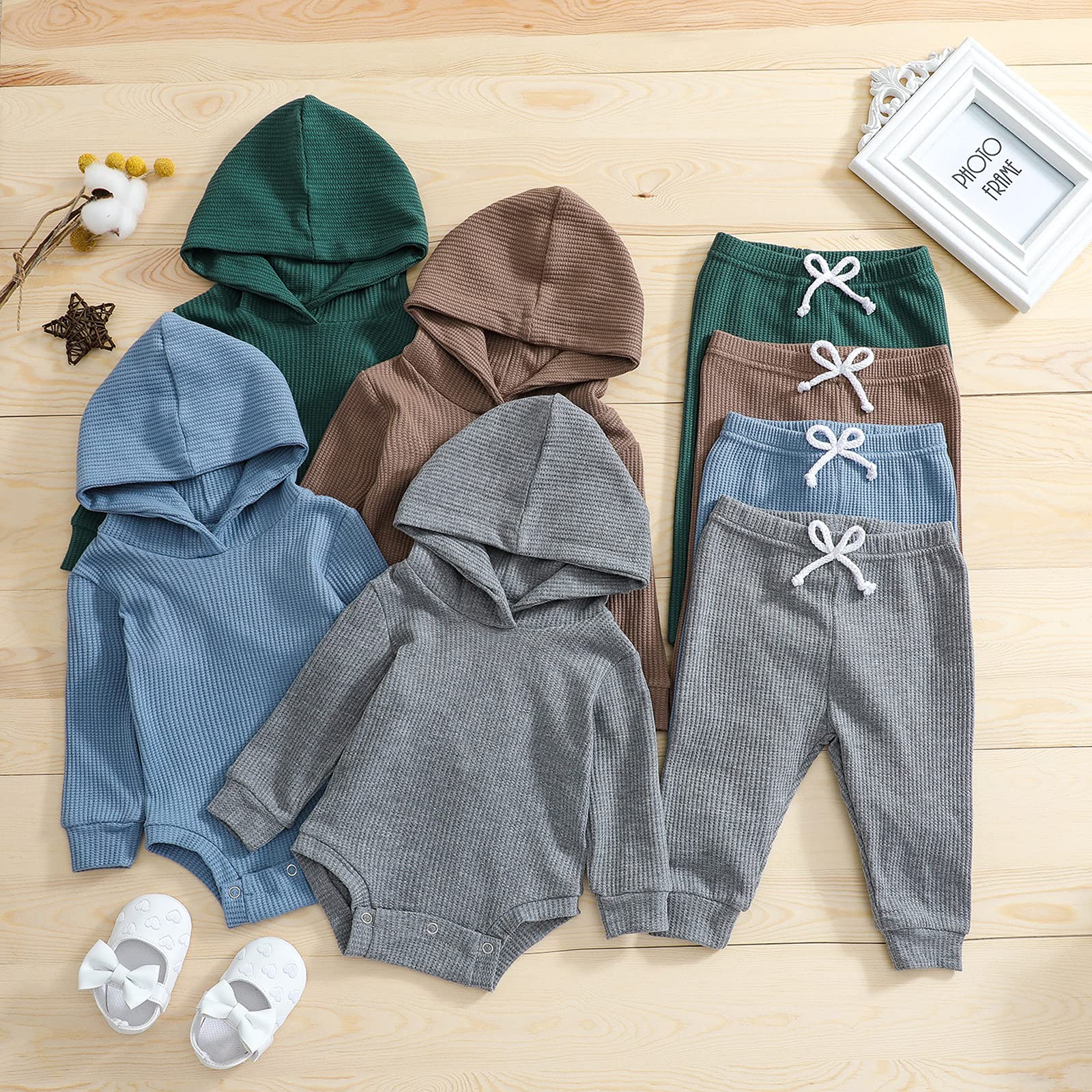 Ynibbim Winter Newborn Baby Clothes Set - 2PCS Unisex Hooded Outfits with Waffle Ribbed Design for Boys & Girls | Perfect for Winter Outings, Photo Shoots & Gift Giving