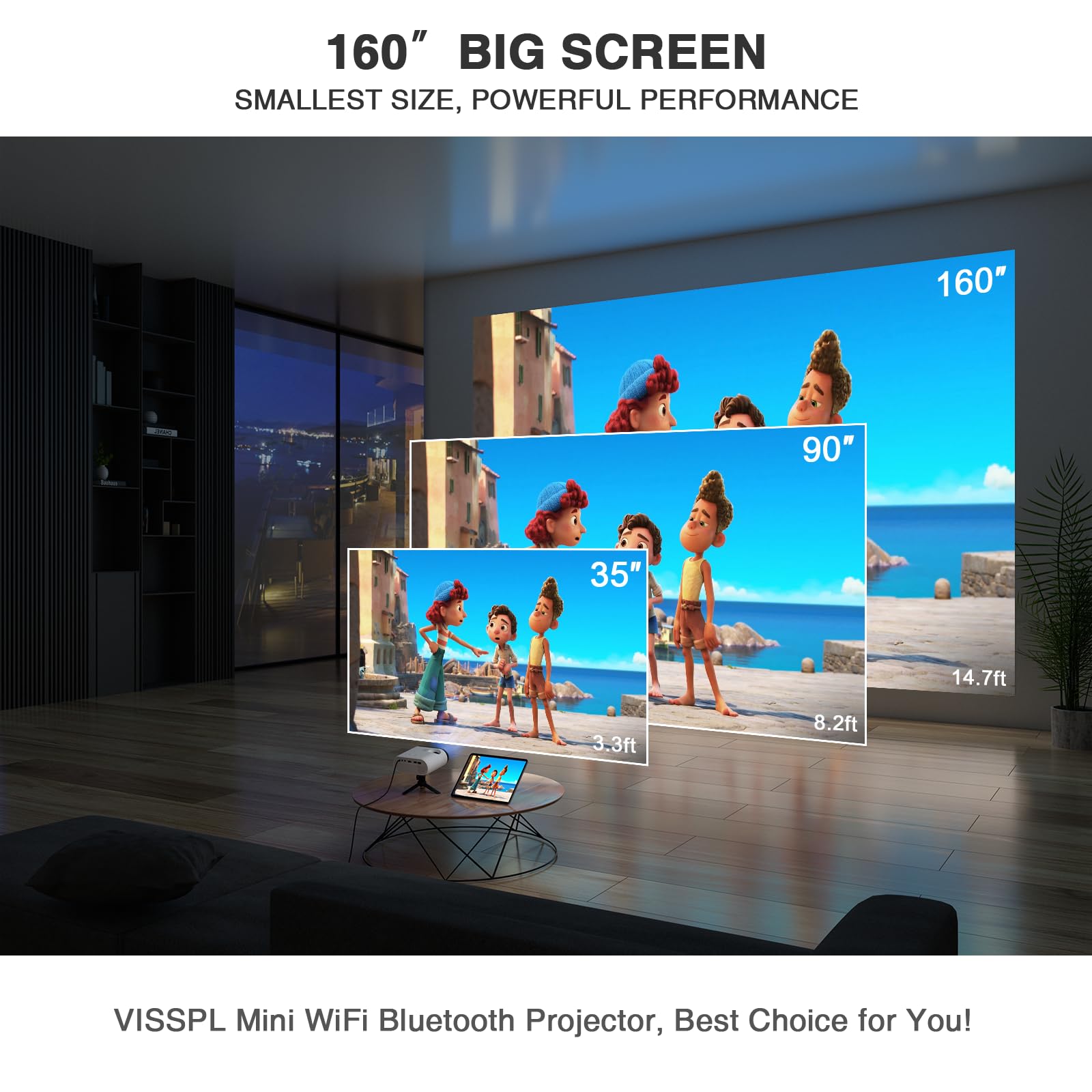 VISSPL Mini Projector with WiFi & Bluetooth - Full HD 1080P Portable Outdoor Projector with Tripod, Home Theater Movie Projector Compatible with Android/iOS/Windows/TV Stick/HDMI/USB - Perfect for Backyard Movies, Camping & Home Entertainment
