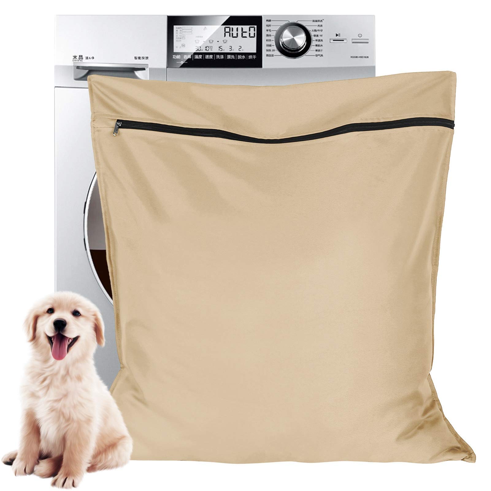 AUXSOUL Large Pet Laundry Bag for Washing Machine - 25.8’’x27.8’’ (65x70cm) Dog Cat Horse Hair Remover - Prevents Clogging, Beige | Perfect for Pet Bedding, Blankets & Clothes | Machine Wash Safe