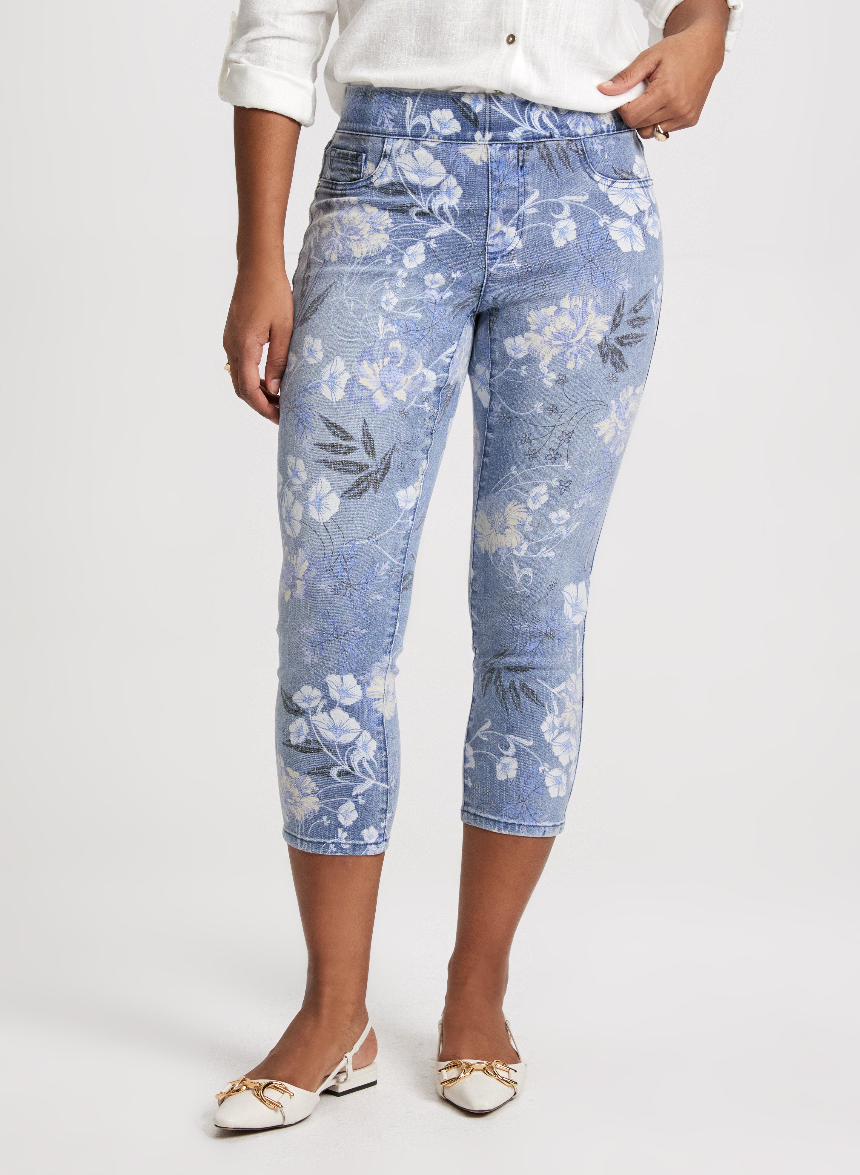 Floral Print Stretch Pull-On Jeans for Women - Comfortable Elastic Waist Pants for Casual Wear & Spring Outfits