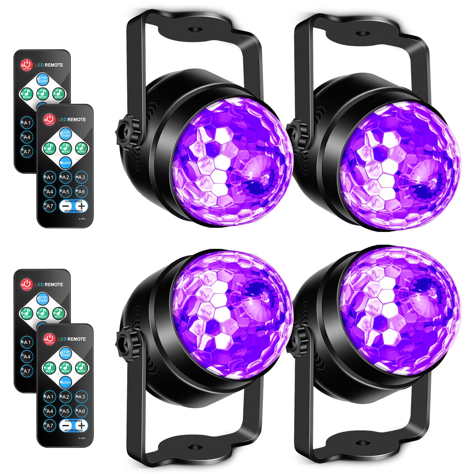 6W UV Black Light LED Disco Ball with Remote Control - Sound Activated Strobe Lights for Glow Party, Halloween, Christmas & Birthday Decorations (4 Pack) - Perfect for Nightclubs, Raves, Home Dance Parties & DJ Events