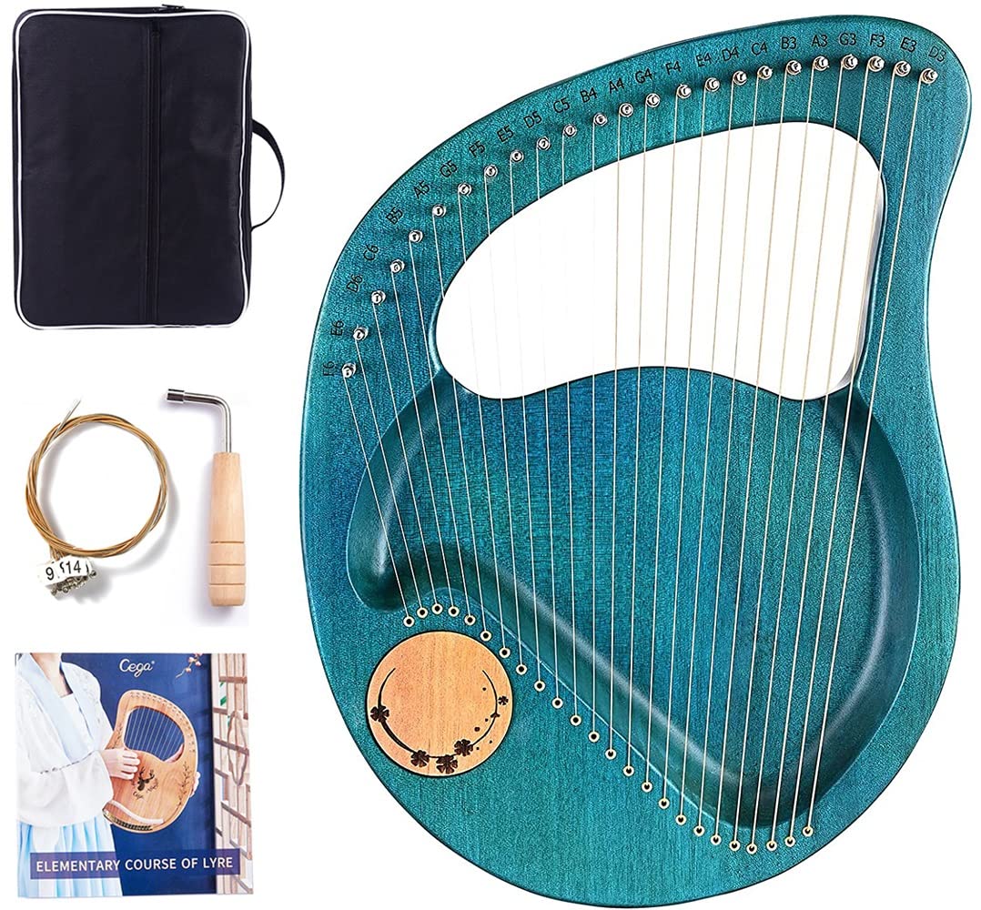 24-String Lyre Harp with Metal Strings, Tuning Wrench, Carrying Bag & Extra Strings - Blue | Portable Musical Instrument for Beginners, Meditation, Gifts & Home Decor