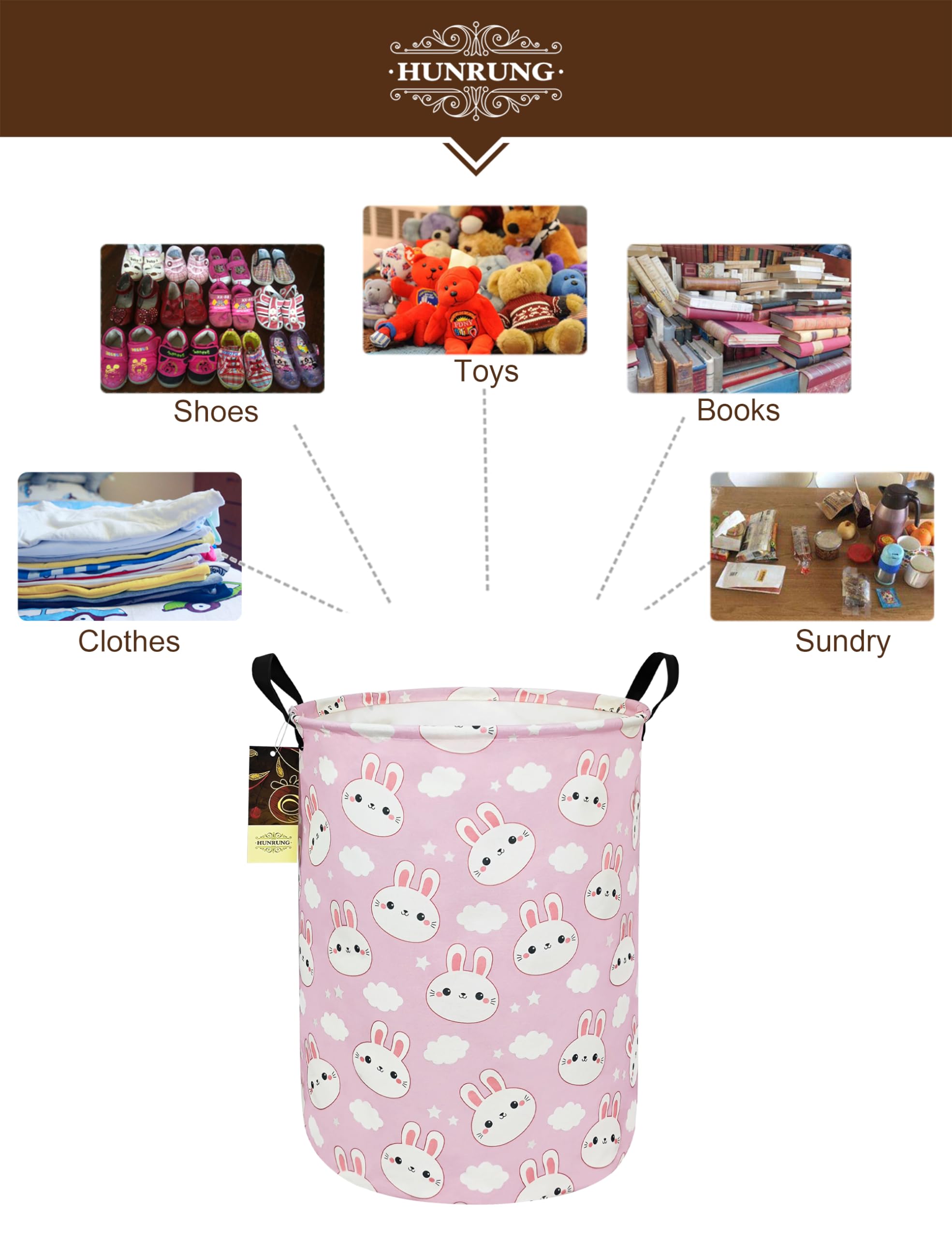 HUNRUNG Large Collapsible Laundry Hamper - Waterproof Canvas Fabric Storage Basket for Dirty Clothes & Toy Organizer - Lightweight Portable for College Dorms, Kids Room, Nursery (Cute Rabbit Design) - Perfect for Laundry, Closet Organization & Playroom Storage