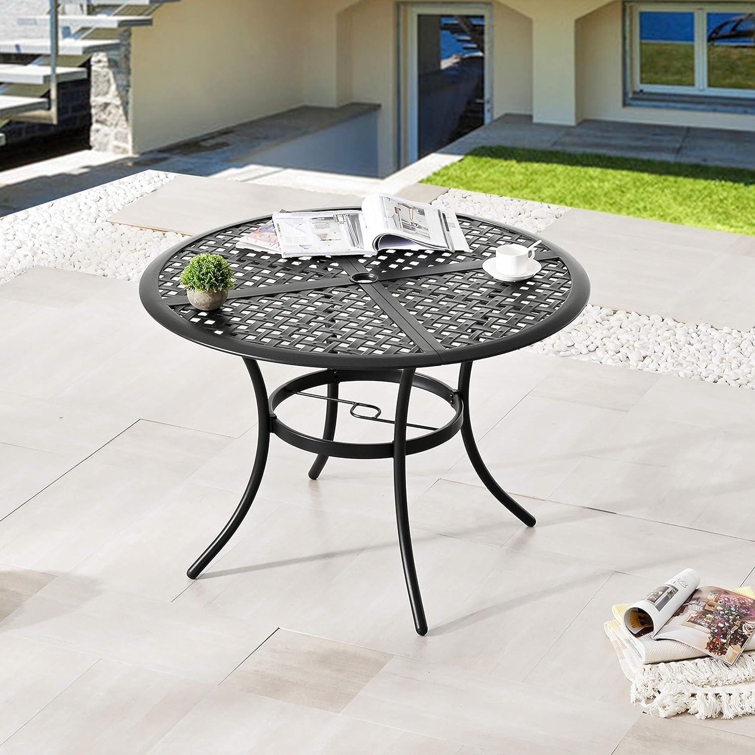 LOKATSE HOME 42.1 Inch Round Outdoor Patio Dining Table with Umbrella Hole - Weather-Resistant Steel Frame Metal Table for Garden, Backyard, Lawn, Balcony, Deck - Perfect for Outdoor Entertaining & Family Gatherings (Black)