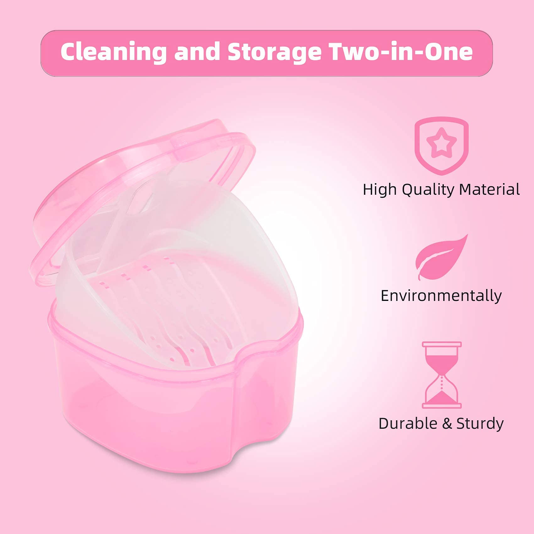 Orthodontic Retainer Case with Waterproof Lid - Denture Soaking Bath Box & Mouthguard Storage Container - Pink | Perfect for Travel, Home & Daily Dental Care
