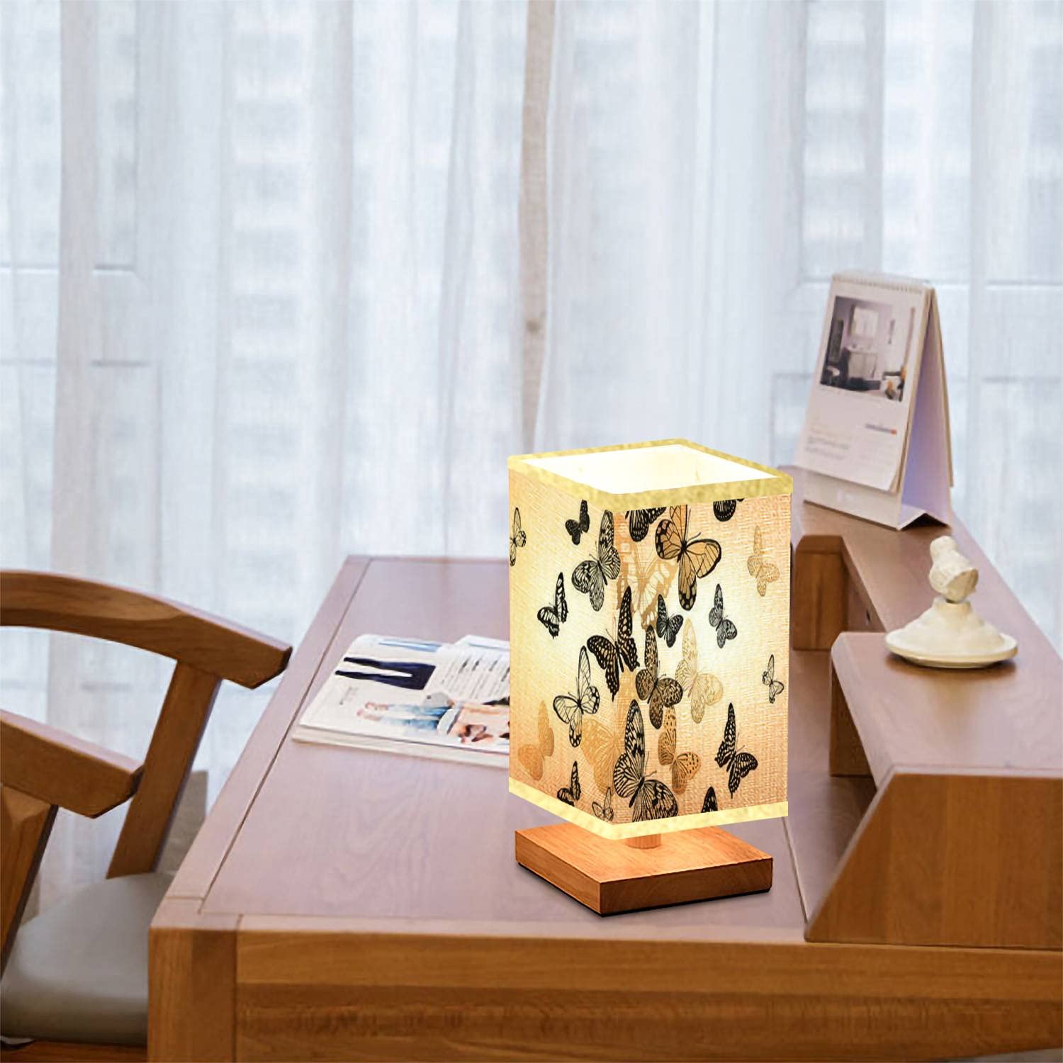 Modern Square Bedside Table Lamp with Gold & Black Butterfly Design, Wooden Base & Flaxen Fabric Shade - Dimmable Nightstand Lamp for Bedroom, Living Room, Nursery | Perfect for Reading, Relaxing & Creating Cozy Ambiance