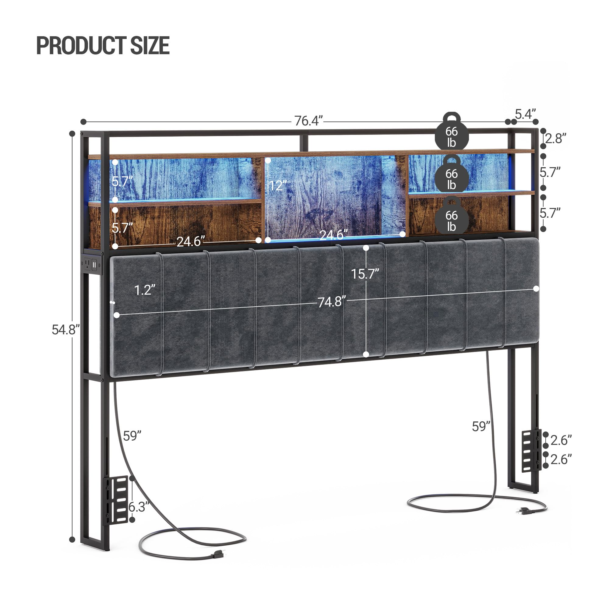 Velvet Upholstered Headboard with 3-Tier Storage Shelves - King Size Bed Headboard with 2 Outlets, USB Ports & LED Lights - Rustic Brown and Black Soft Backrest for Bedroom, Master Suite, Dorm Room (Model BH19401B)