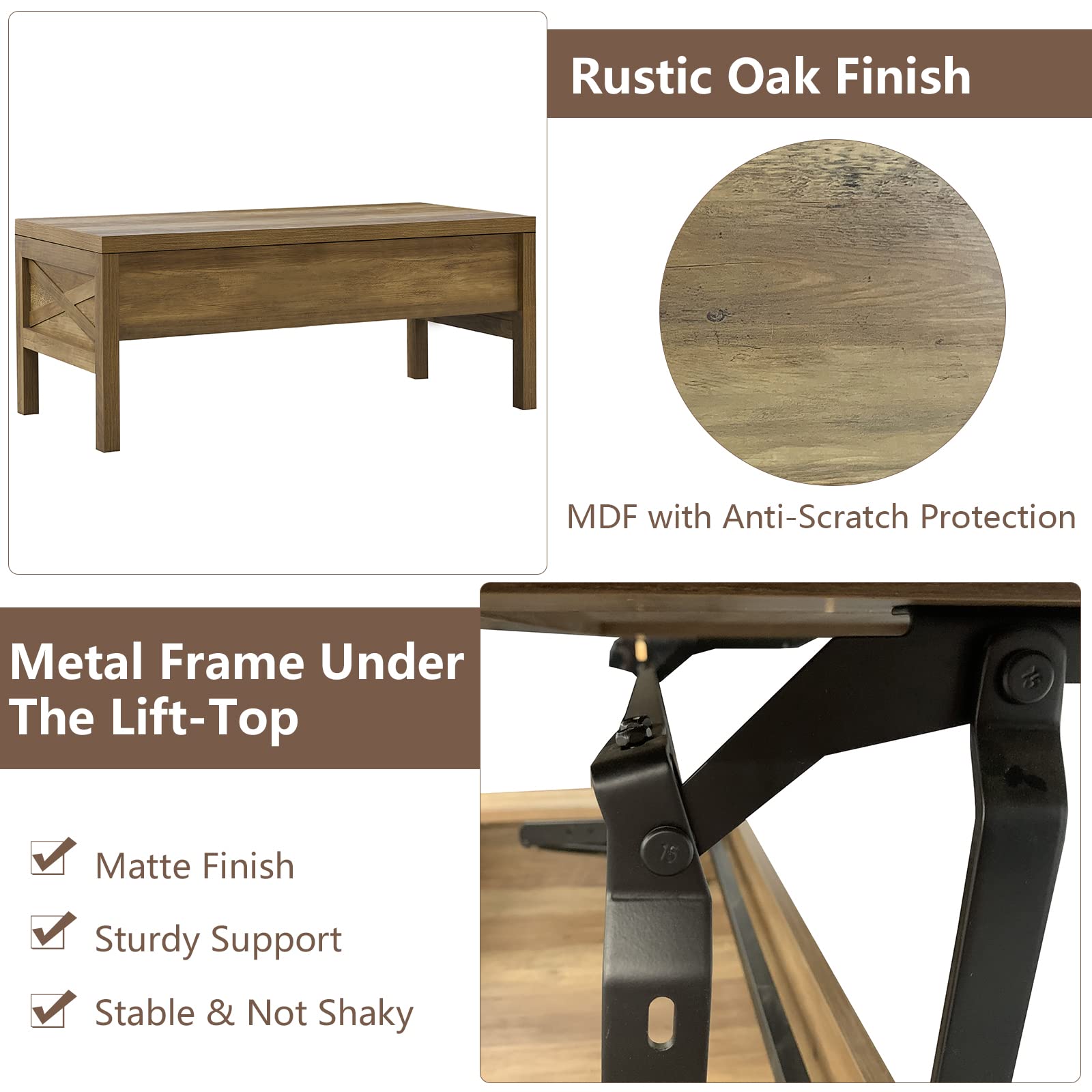 Mikibama 43.3 Inch Lift Top Coffee Table with Storage - Rustic Oak Finish, Metal Lift Mechanism & Hidden Compartment - Perfect for Living Room, Home Office, or Small Space Organization
