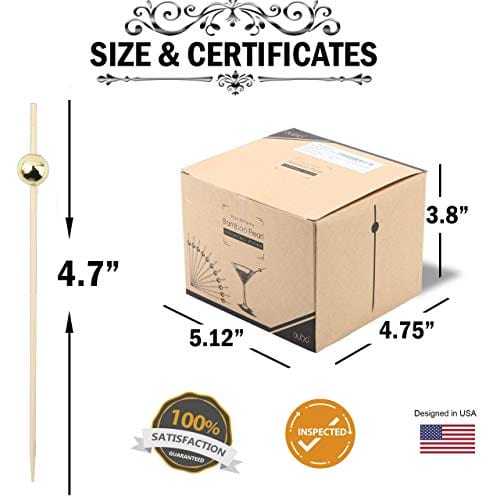 Premium 4.75 Inch Bamboo Cocktail Picks - Pack of 320 Gold Pearl Wooden Skewers for Appetizers, Martini Garnish, Fruit Kabobs - Elegant Toothpicks for Weddings, Catering & Party Decorations - Perfect for Cocktail Hours, Bridal Showers and Holiday Entertaining