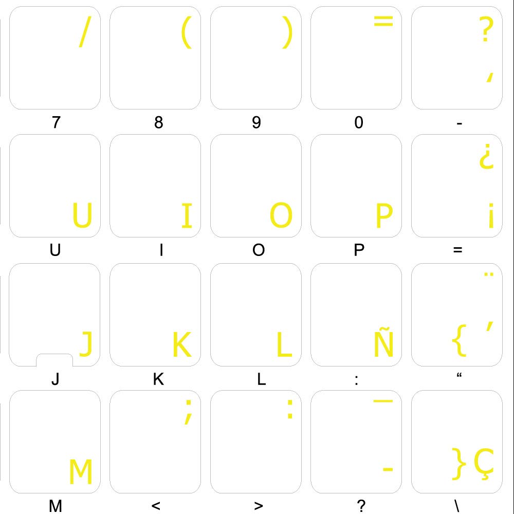 Spanish Traditional Keyboard Stickers - Yellow Letters on Clear Background for Desktop, Laptop & Notebook - Perfect for Bilingual Typing & Language Learning