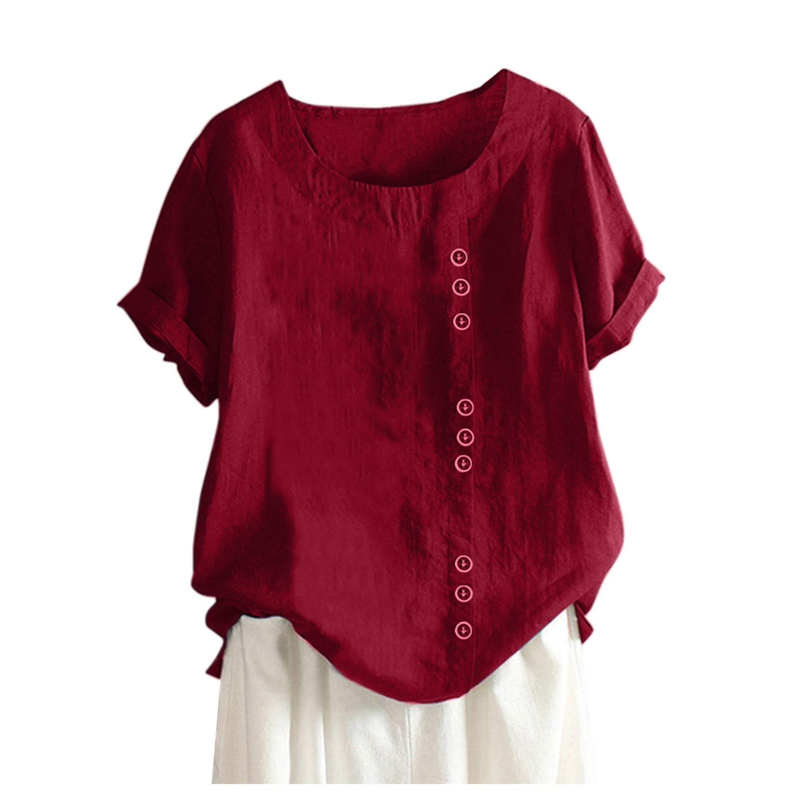 FQZWONG Women's Fashion Blouses 2023 - Casual Short Sleeve Crew Neck Button Down Boho Tops for Summer | Perfect for Beach Outings, Date Nights & Casual Wear