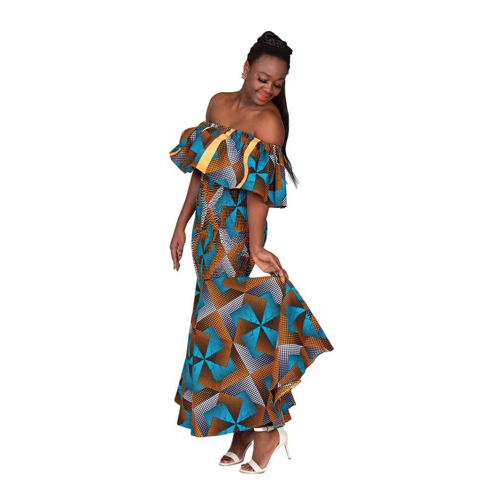Stylish African Ankara Dresses for Women - Elegant Slash Neck & Elastic Waist Evening Party Gowns | Perfect for Weddings, Cultural Events & Special Occasions