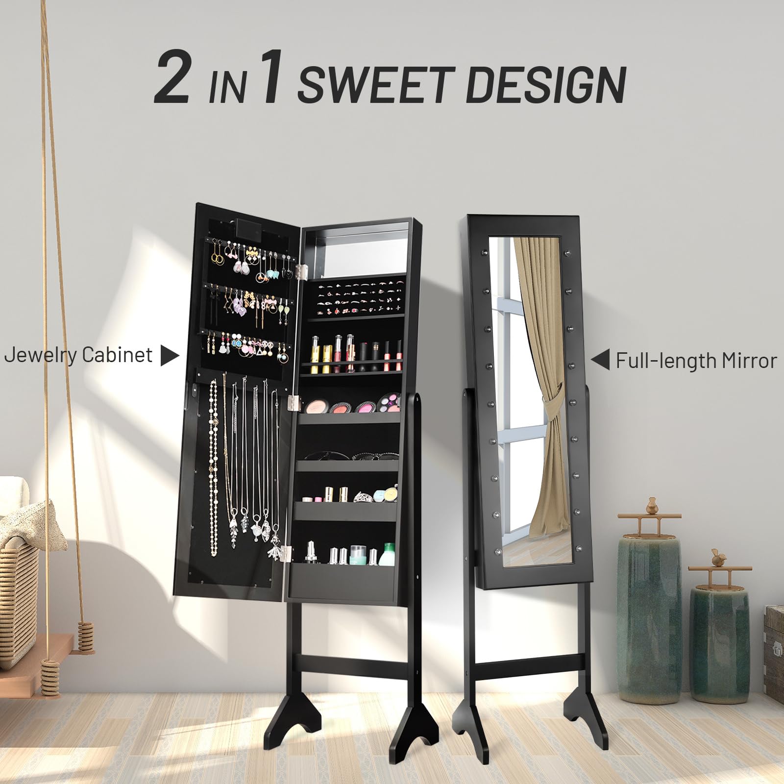 **LDAILY Standing Jewelry Armoire with 18 LED Lights - Mirrored Jewelry Cabinet Organizer for Necklaces, Earrings & Accessories - Full-Length Mirror with Large Storage for Women & Girls (Black) - Perfect for Bedroom, Closet & Dressing Room**