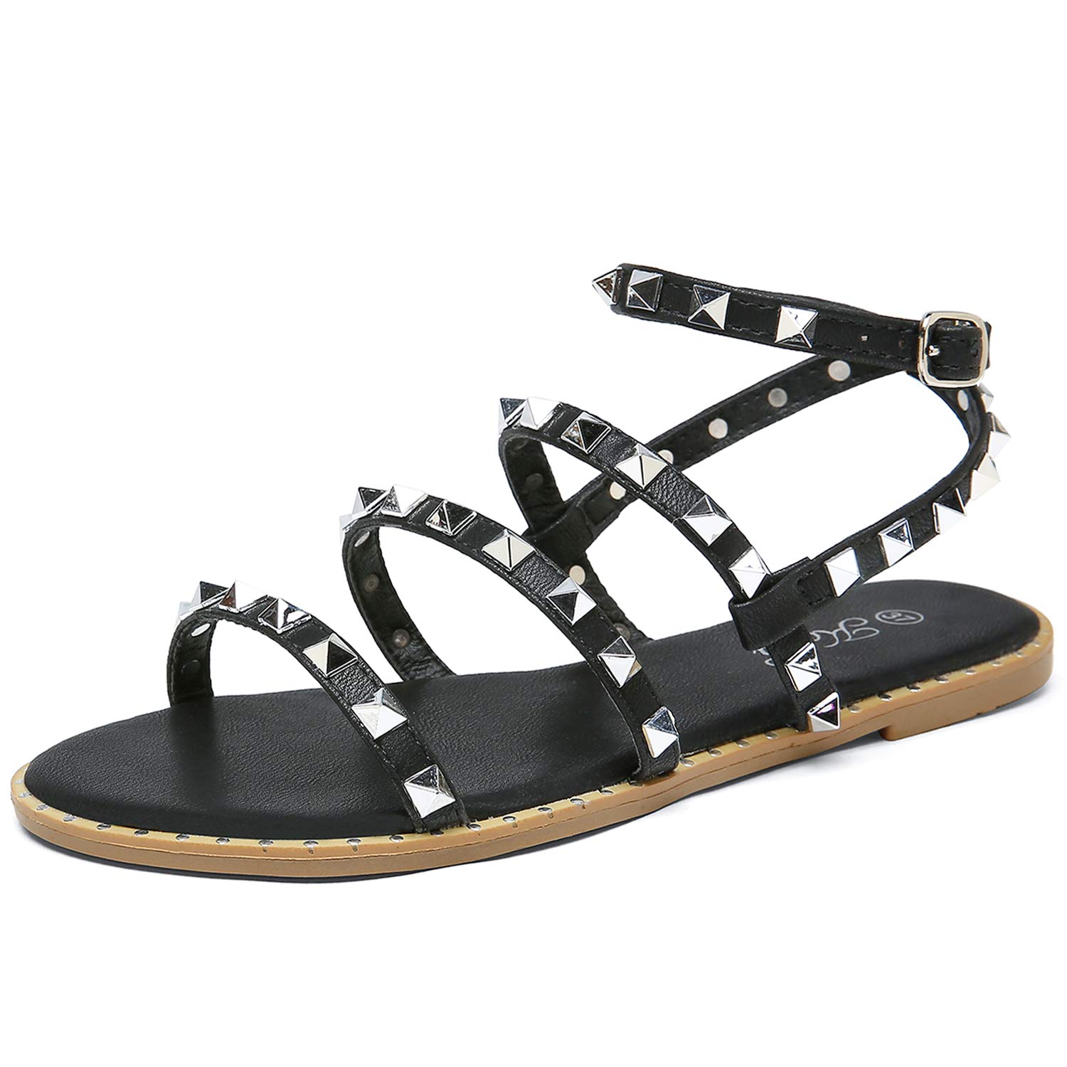 Katliu Women's Flat Sandals - Strappy Studded Gladiator Sandals with Ankle Strap | Comfortable Summer Casual Shoes for Beach, Vacation & Everyday Wear