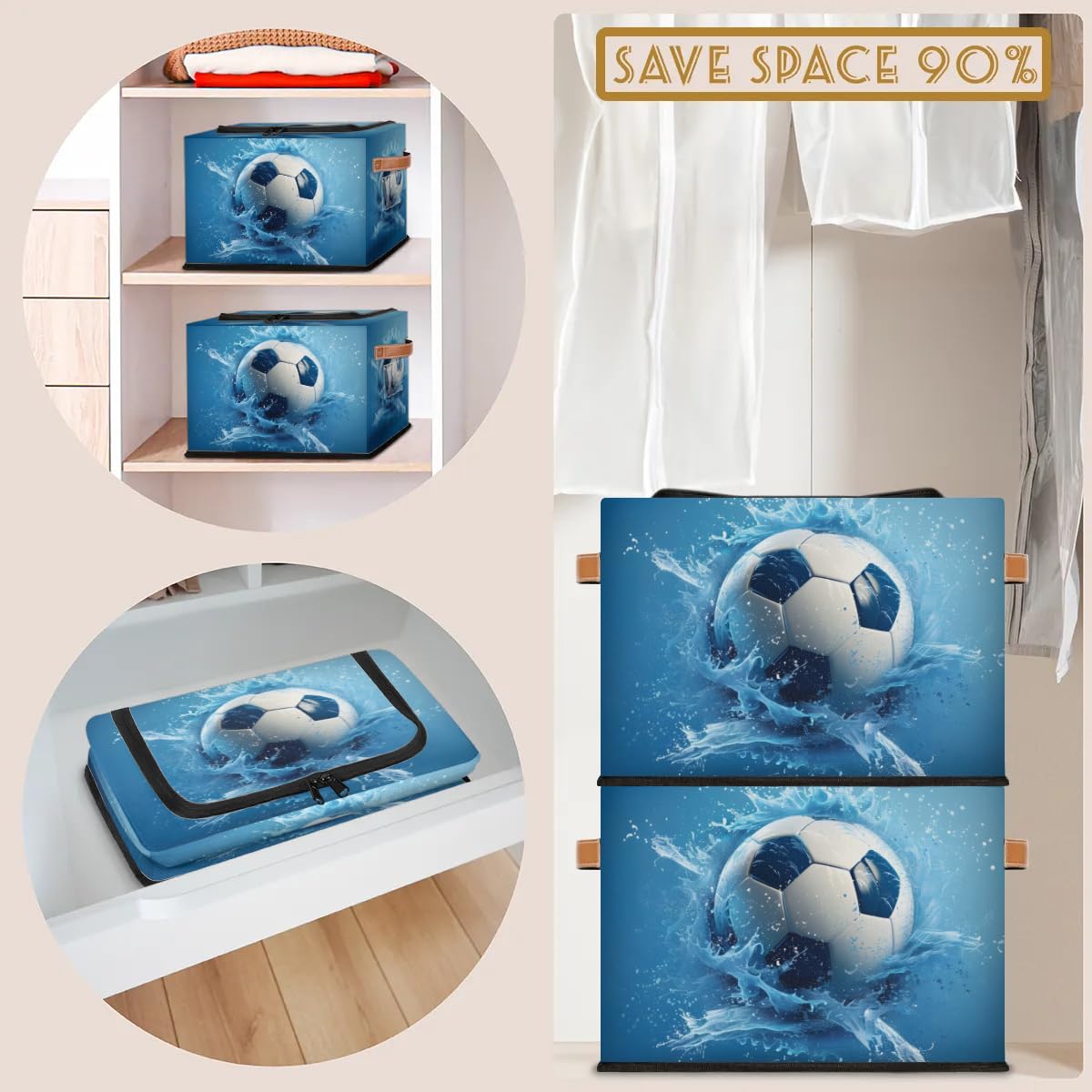 Football Storage Bins with Zipper Lid & Handle - 14.2x10.2x10 Inch Stackable Foldable Collapsible Storage Boxes - Set of 2 for Closet, Bedroom & Kids Room Organization