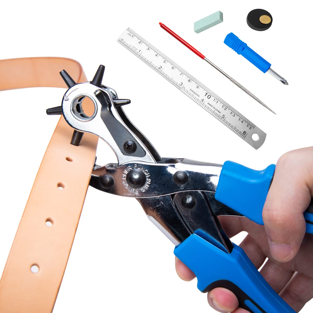 WUTA Leather Piercer Tool - 4mm 4 Teeth Diamond Hole Punch Pliers for Leather Craft, Handheld Silent Stitching Chisel & Pricking Iron - Perfect for Leatherworking, DIY Projects, Shoe/Bag Repair