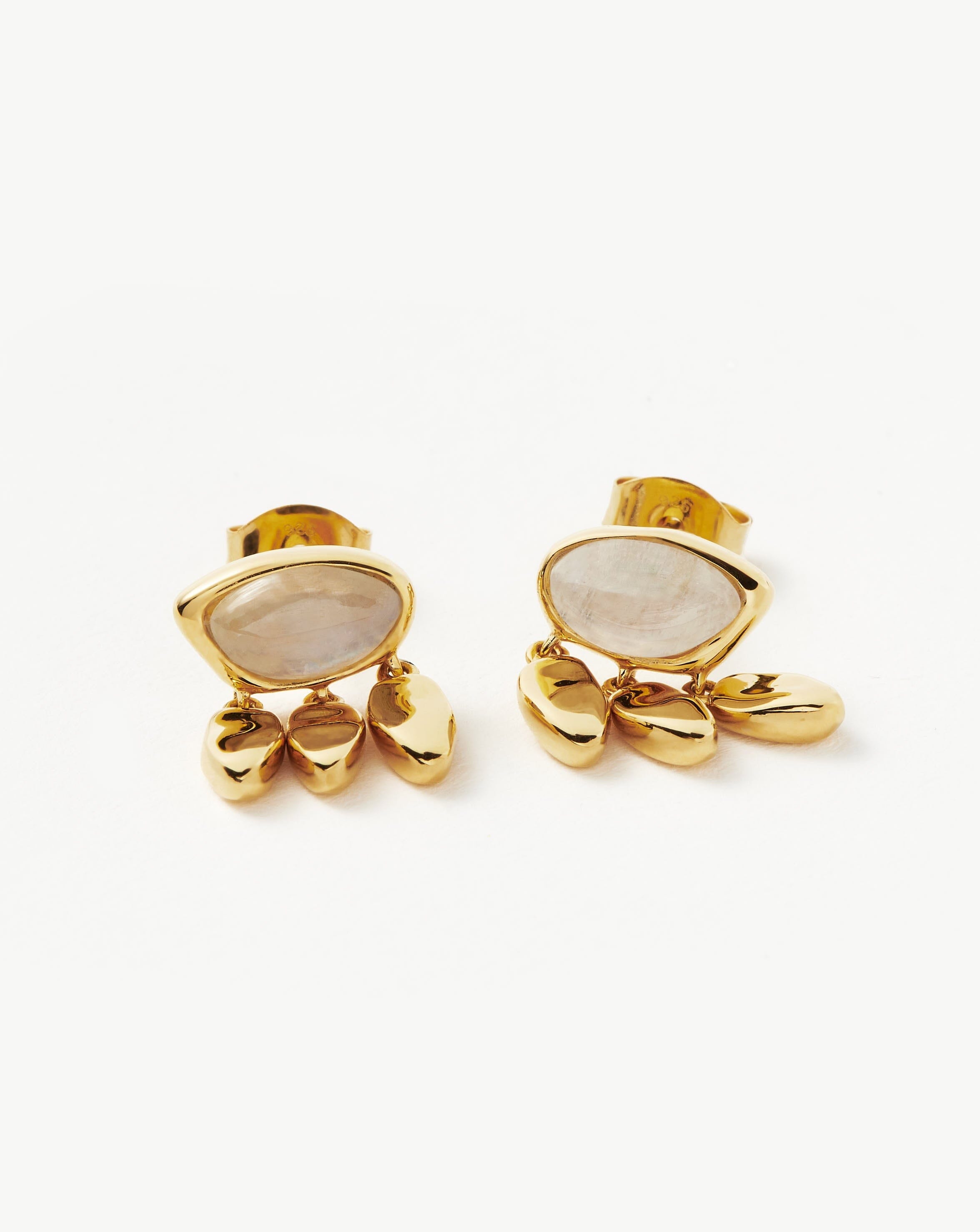 Molten Gemstone Charm Stud Earrings - 18k Gold Vermeil with Rainbow Moonstone | Dainty Boho Jewelry for Women, Gift for Her, Everyday Wear & Special Occasions