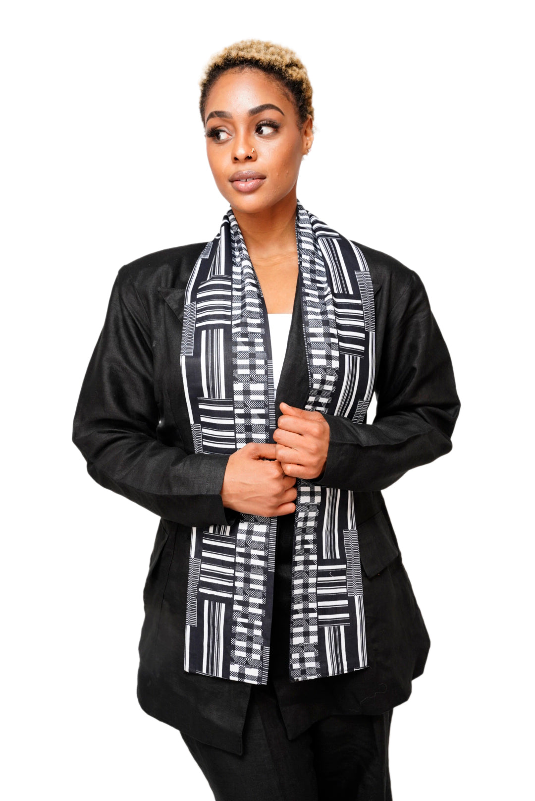 Dupsie's Otumfuo Black and White Kente African Print Sash DPB0795S - Authentic Ghanaian Kente Cloth Sash for Weddings, Graduations & Cultural Events