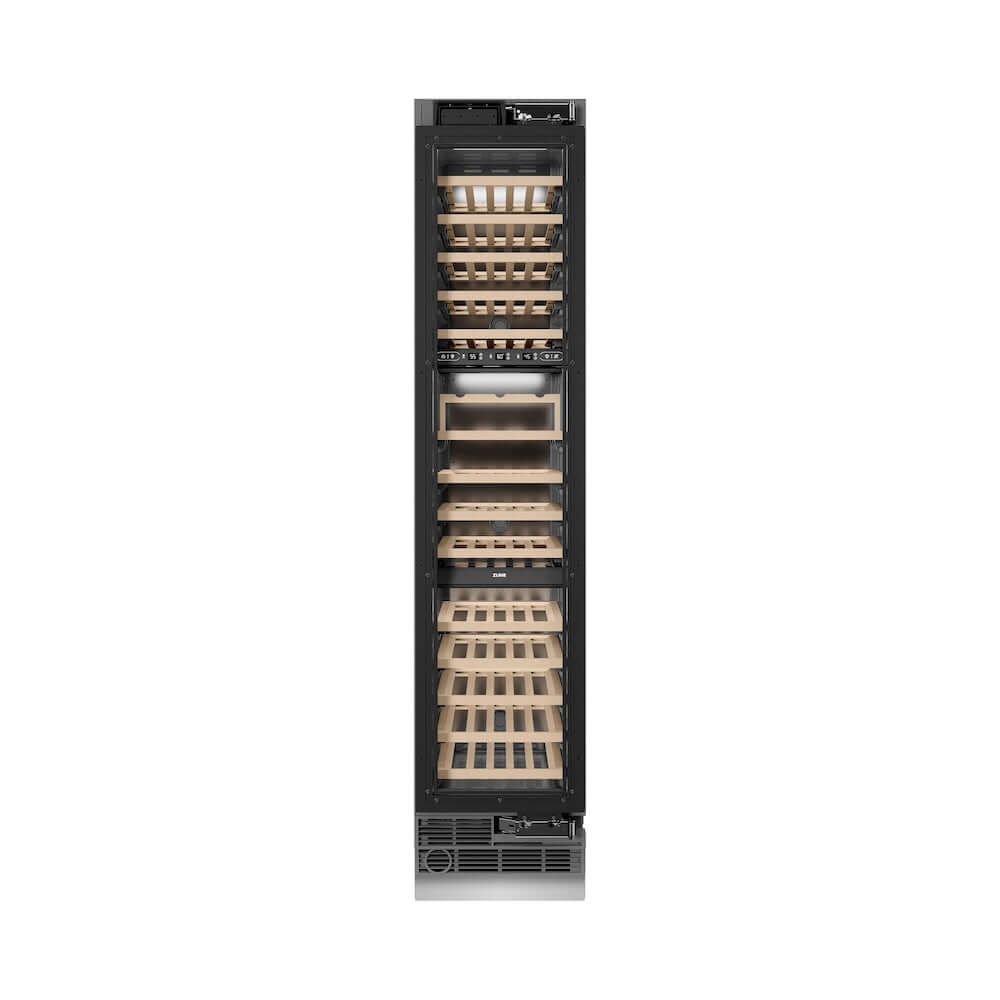 ZLINE Autograph Edition 18 Inch 9.0 Cubic Feet Triple Zone 68 Bottle Panel Ready Right Hinge Column Wine Cooler with Champagne Bronze Accents - Perfect for Home Bars, Wine Cellars, and Entertaining (RBCWVRZ 18 CB)