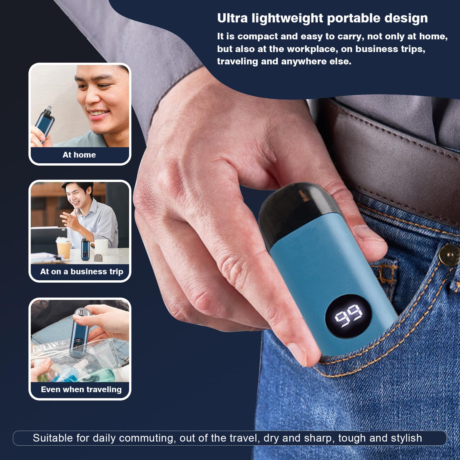 Portable USB-C Rechargeable Nose Hair Trimmer for Men & Women - Waterproof Electric Nose & Ear Trimmer with LCD Display & Dust Cover - Personal Grooming Kit for Travel, Home & Office Use (Blue)