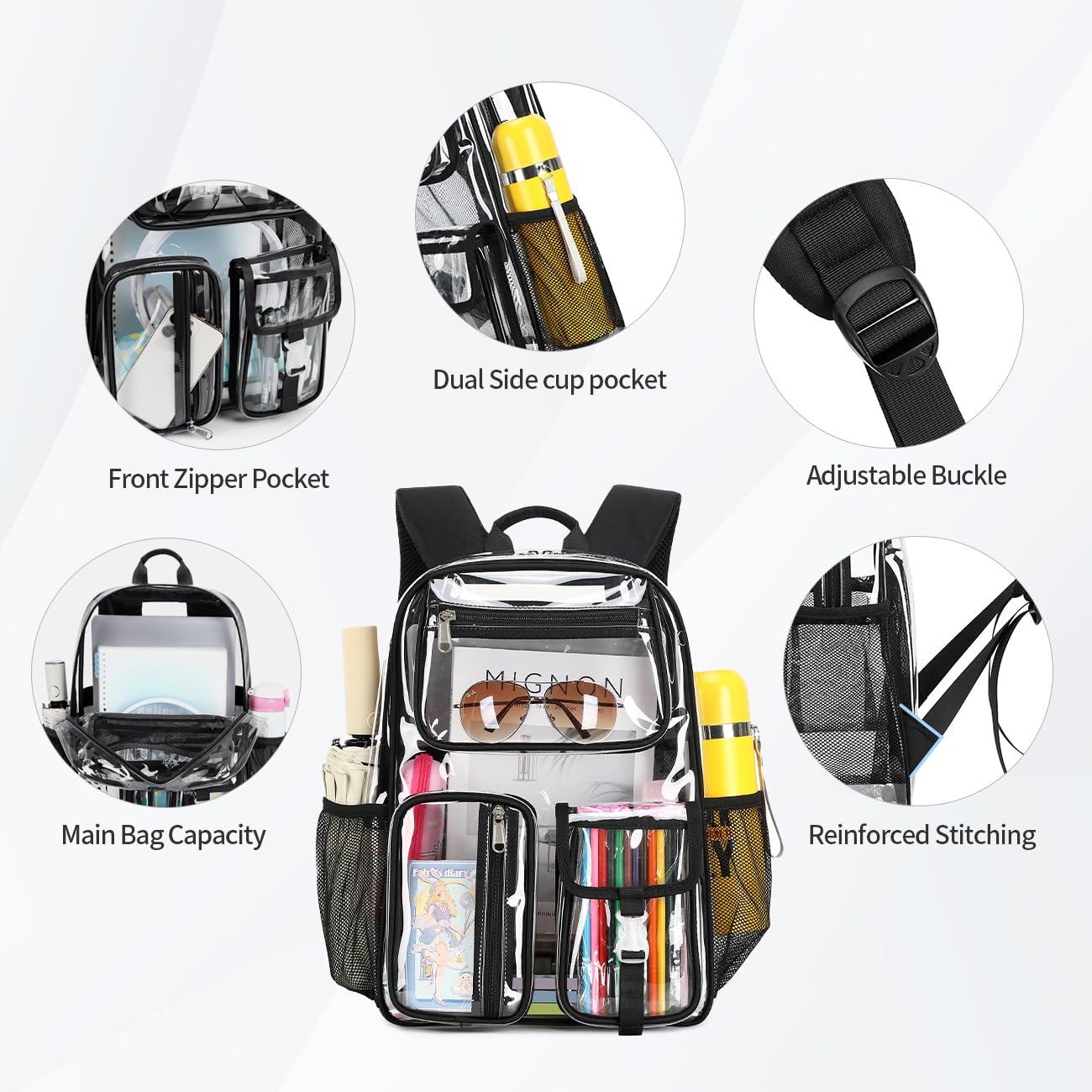 Heavy Duty Clear Backpack - 16 x 11 x 5 Inch TPU Large Capacity See Through Bookbag for Sports Events, Concerts, Travel & School - Waterproof & Durable (Black)