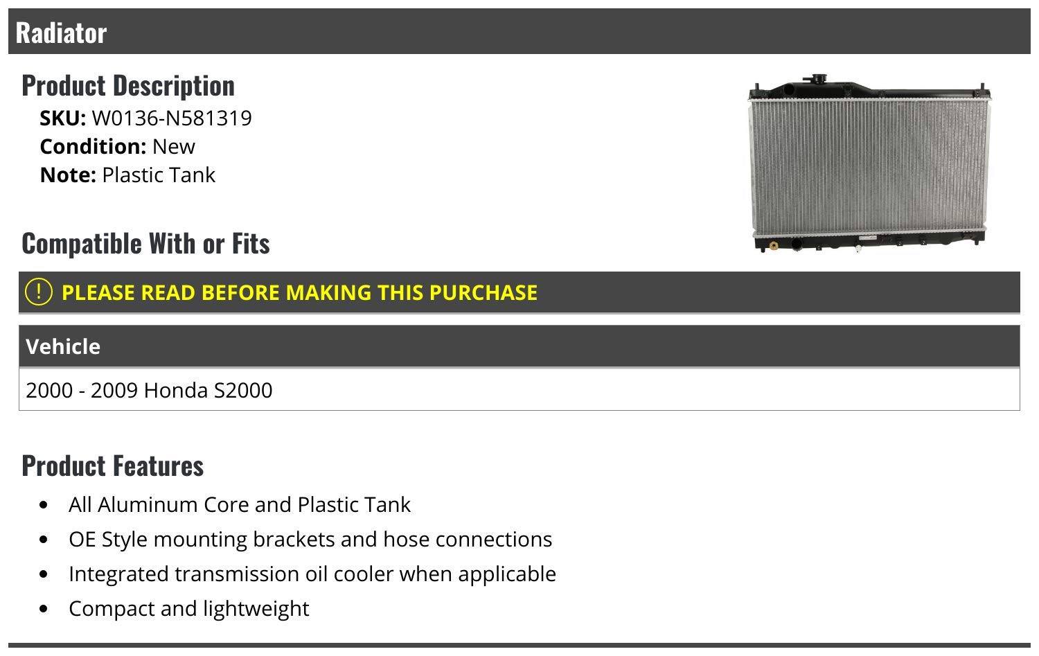 Honda S2000 Radiator Replacement (2000-2009) - High Performance Aluminum Cooling System - Perfect for Street Racing & Daily Driving