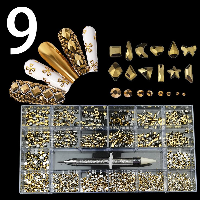 21 Grids Nail Art Decorations Kit - AB Gold 3D Flatback Rhinestones with Dotting Pen for DIY Nail Design | Perfect for Manicures, Pedicures, Salon & Home Nail Art