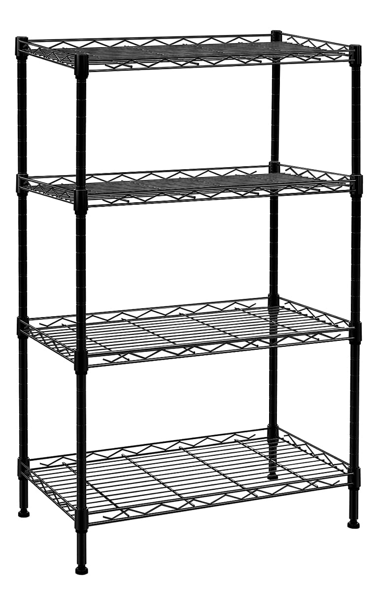 4 Tier Adjustable Metal Wire Shelving Rack - Heavy Duty Storage Shelf Unit for Kitchen, Laundry, Garage & Pantry Organization (Black) - Perfect for Storing Food, Cleaning Supplies & Household Items