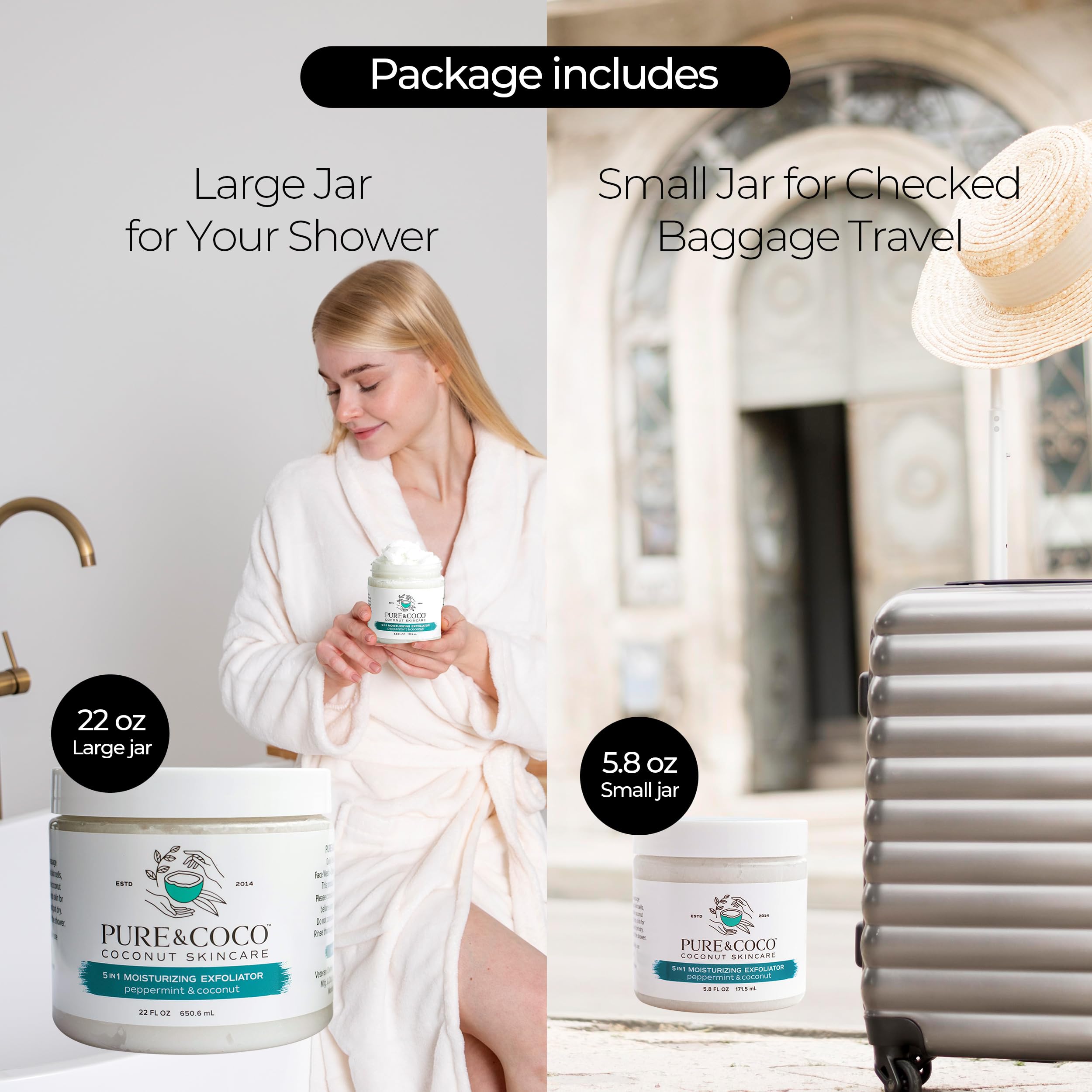 PURE & COCO Peppermint & Coconut Sugar Scrub Set - 5-in-1 Moisturizing Exfoliator for Face & Body (27.8 oz) | Gentle Skin Care with Natural Ingredients | Perfect Spa Gift for Women - Ideal for Dry Skin Treatment & Relaxing Bath Time Self Care