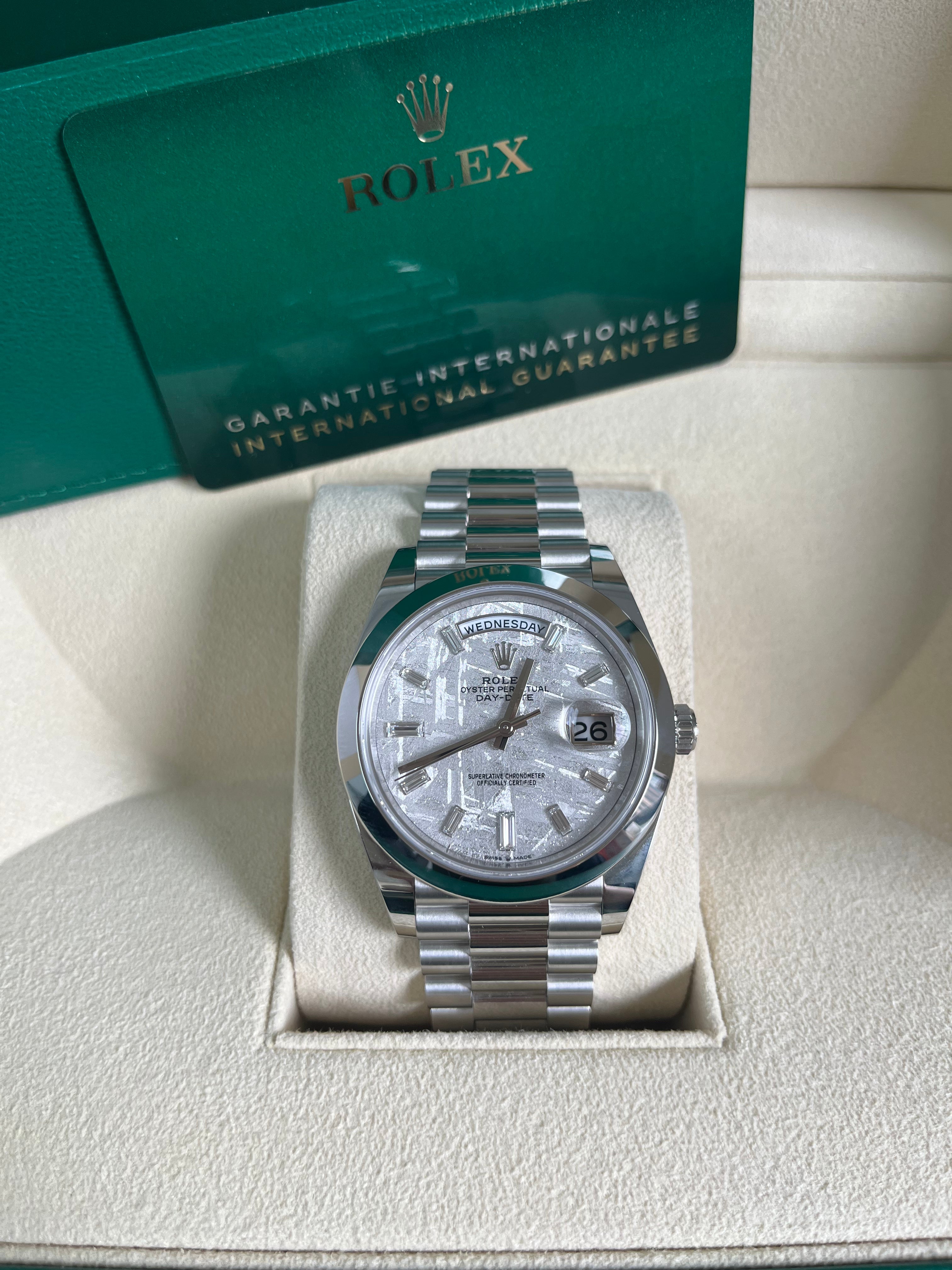 Rolex Day-Date 40 Platinum Watch with Meteorite Baguette Diamond Dial & President Bracelet – Luxury Dress Watch for Business & Formal Events (Model 228206)