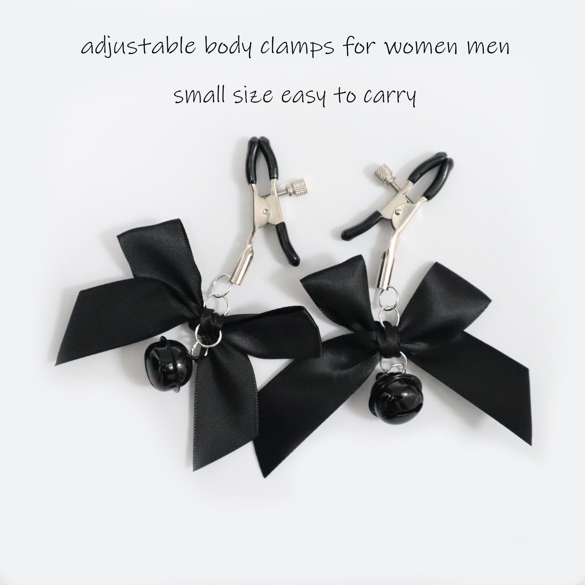Adjustable Nipple Clamps with Bow Knot - Stainless Steel Non-Piercing Body Jewelry for Women & Men - Sensual Faux Piercing Clips & Necklace (Black) - Perfect for BDSM, Roleplay, and Intimate Accessories