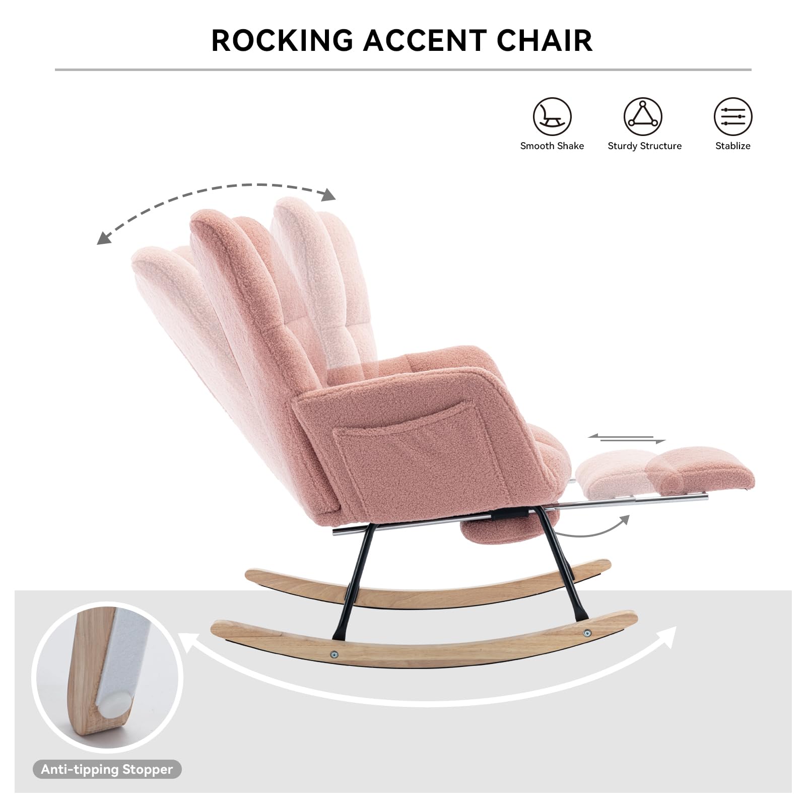 FOXHUNTER Nursery Rocking Chair - Adjustable Footrest Glider Recliner with High Back Support, Soft Teddy Upholstery, Pink Rocking Chair for Nursery, Bedroom & Reading | Perfect for Nursing, Relaxing & Storytime