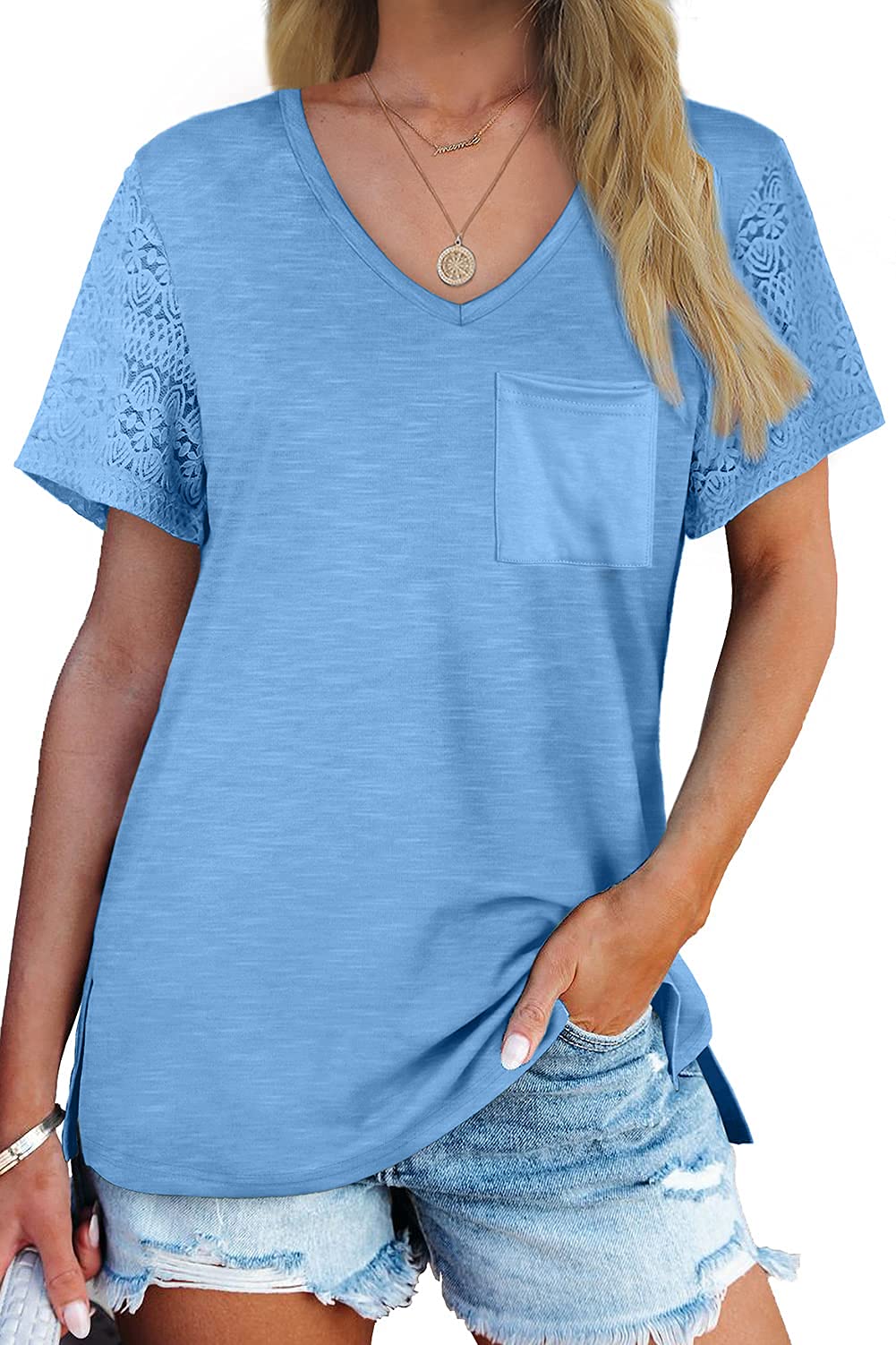 JULYCLO Women's Summer V-Neck Lace Sleeve T-Shirt - Breathable Casual Blouse for Outdoor, Work & Date Nights